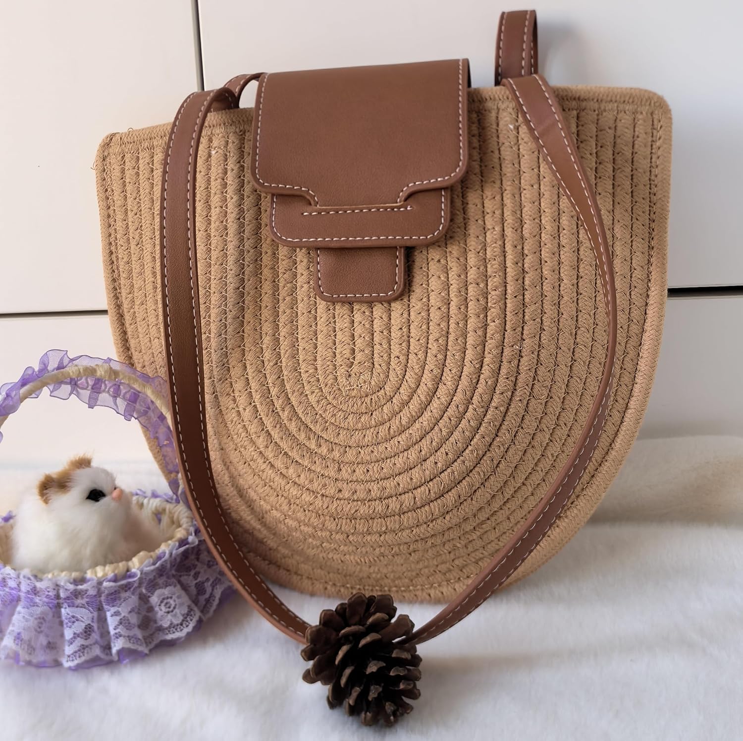 Retro Women's French Style Semi-circular Shoulder Bag Cotton Thread Woven Crossbody Bag Handbag
