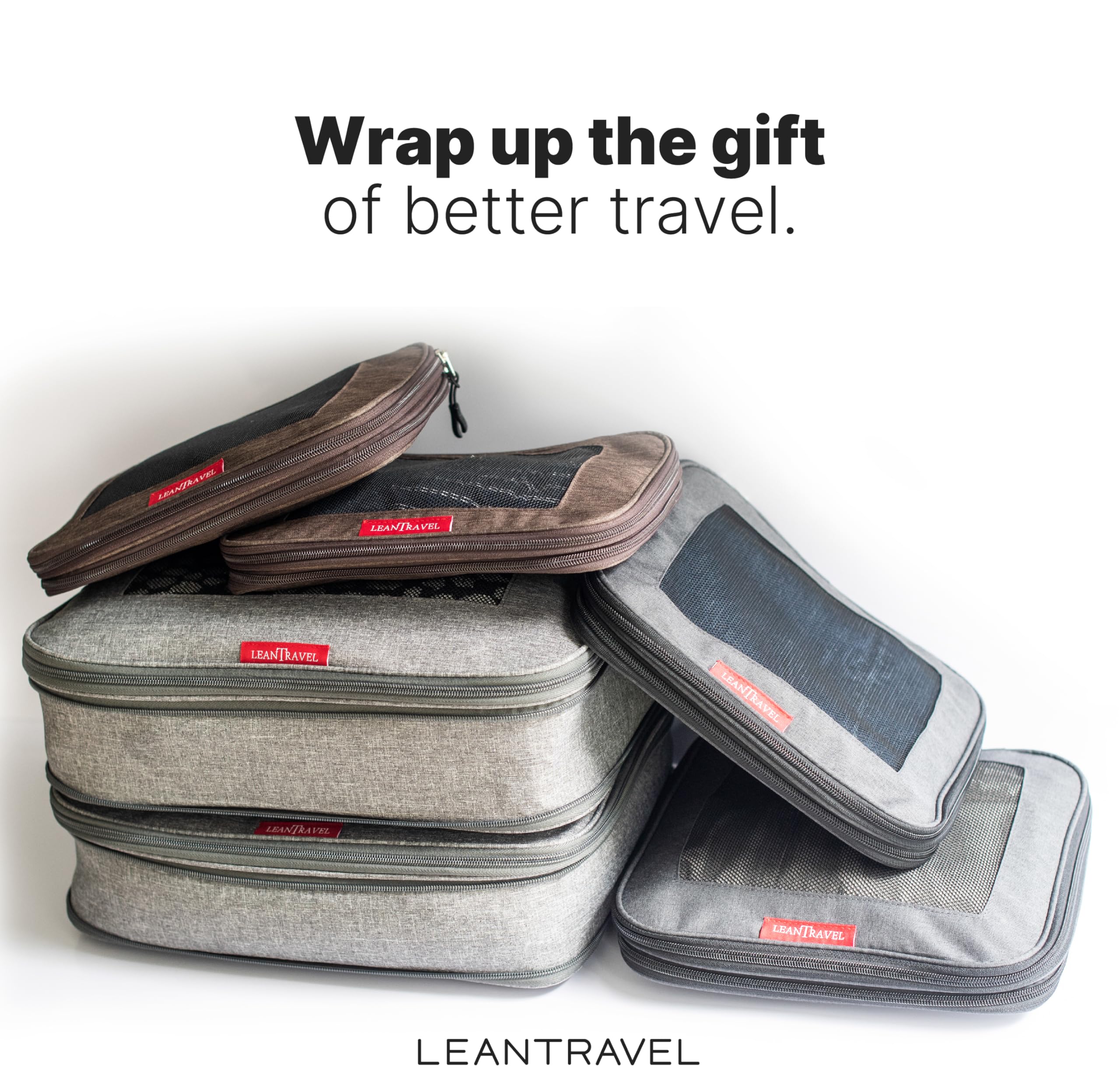 LeanTravel Zestaw 3 organizerów bagażu kompresyjnego (6 sztuk, szaro-czarno-brązowy), zestaw 6 sztuk - szaro-czarno-brązowy, XL
