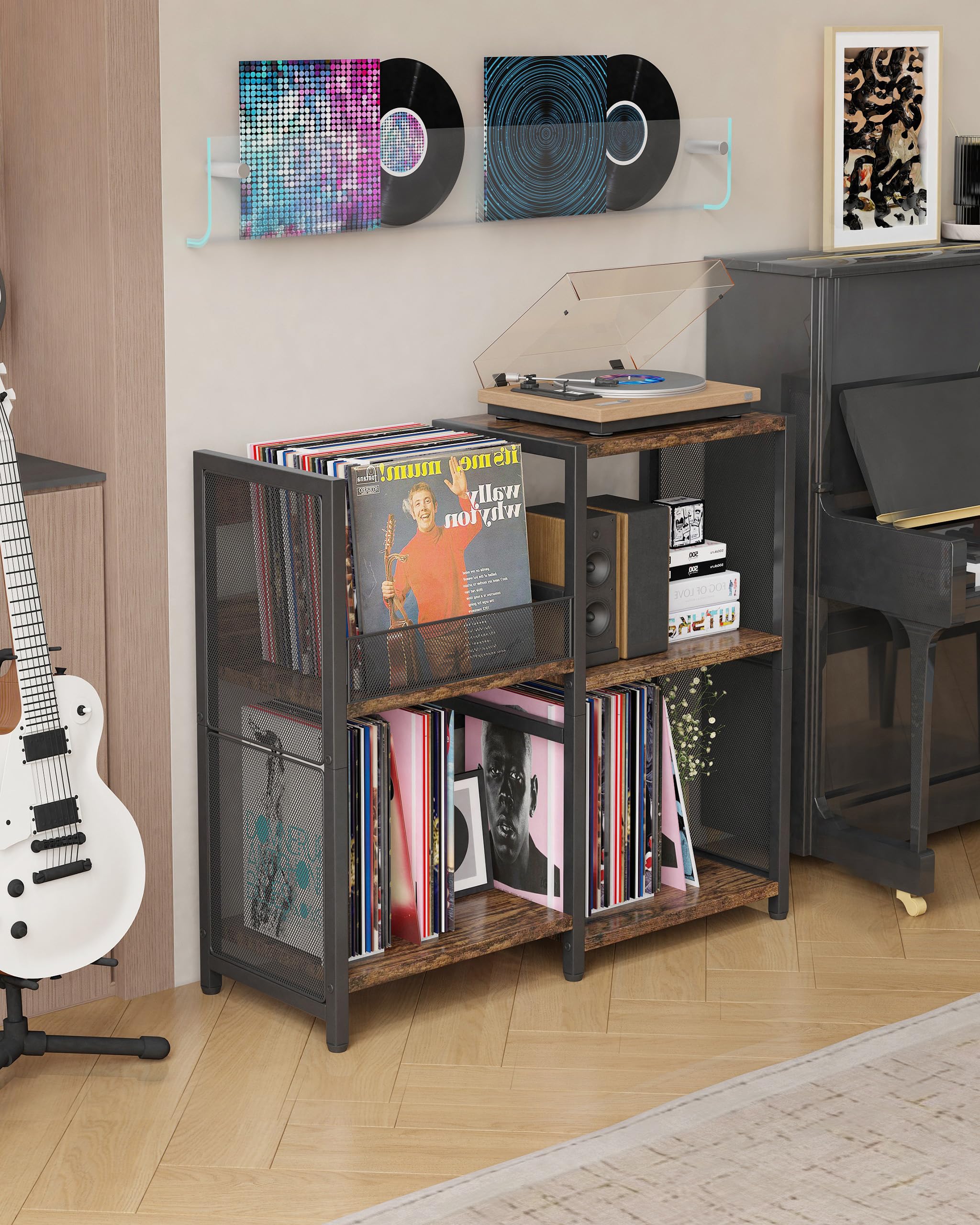 Meuble Platine Vinyle Vintage, Support pour 200 Albums, 3 Niveaux Métal Étagère de Rangement Disques pour Salon, Noir