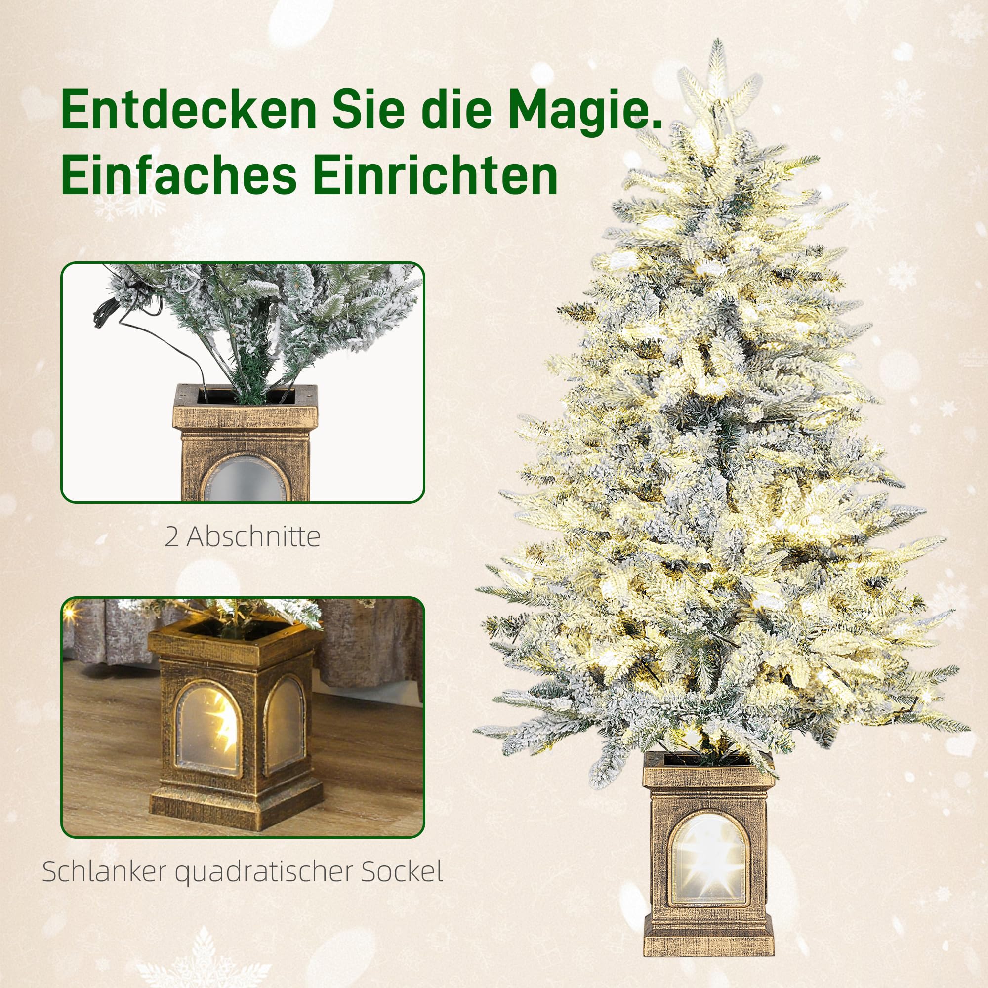 HOMCOM Weihnachtsbaum Künstlich 120 cm mit Schnee LED Leuchte Grün+Weiß
