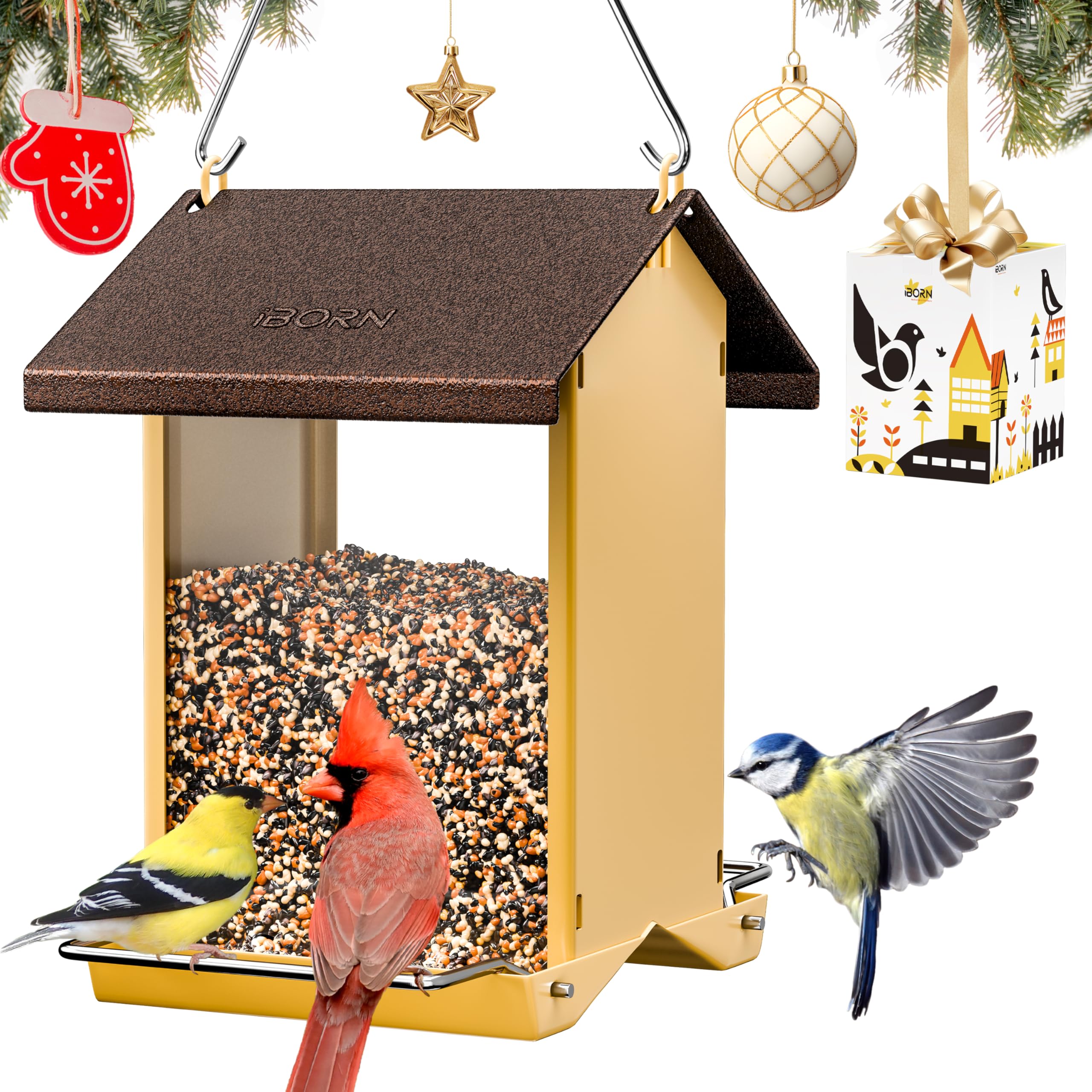 iBorn Bird Feeders for Outdoors,Bird Feeder with Weatherproof Metal Roof & 8 Drain Holes,Fully Detachable Birdfeeder Design,Easy to Refill & Clean,Chew-Proof PC Windows,3.2 Lbs Capacity,Coffee Roof