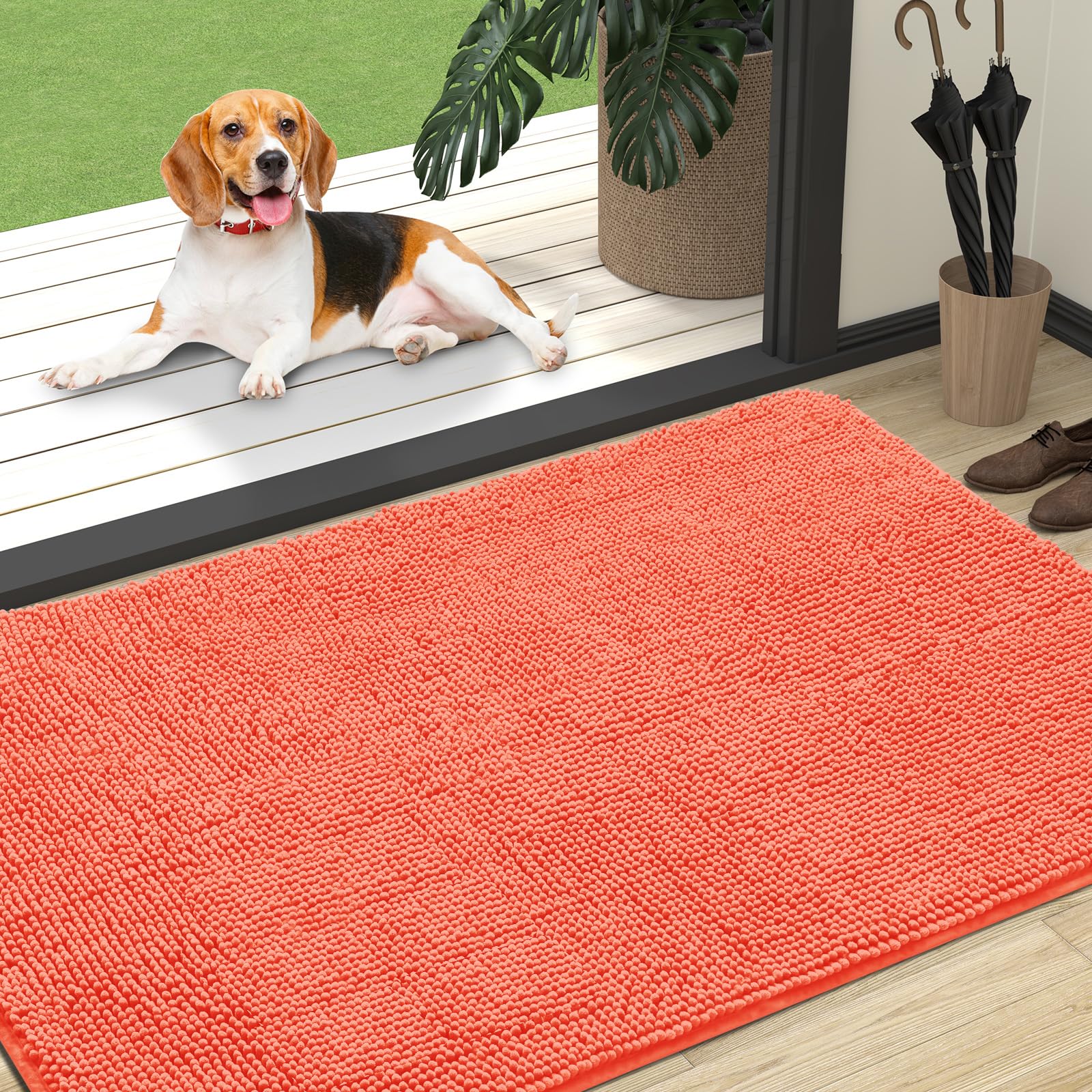 OLANLY Dog Door Mat for Muddy Paws 47x32, Absorbs Moisture and Dirt, Absorbent Non-Slip Washable Doormat, Quick Dry Chenille Mud Mat for Dogs, Entry Indoor Entryway Carpet for Inside Floor, Coral — image 1