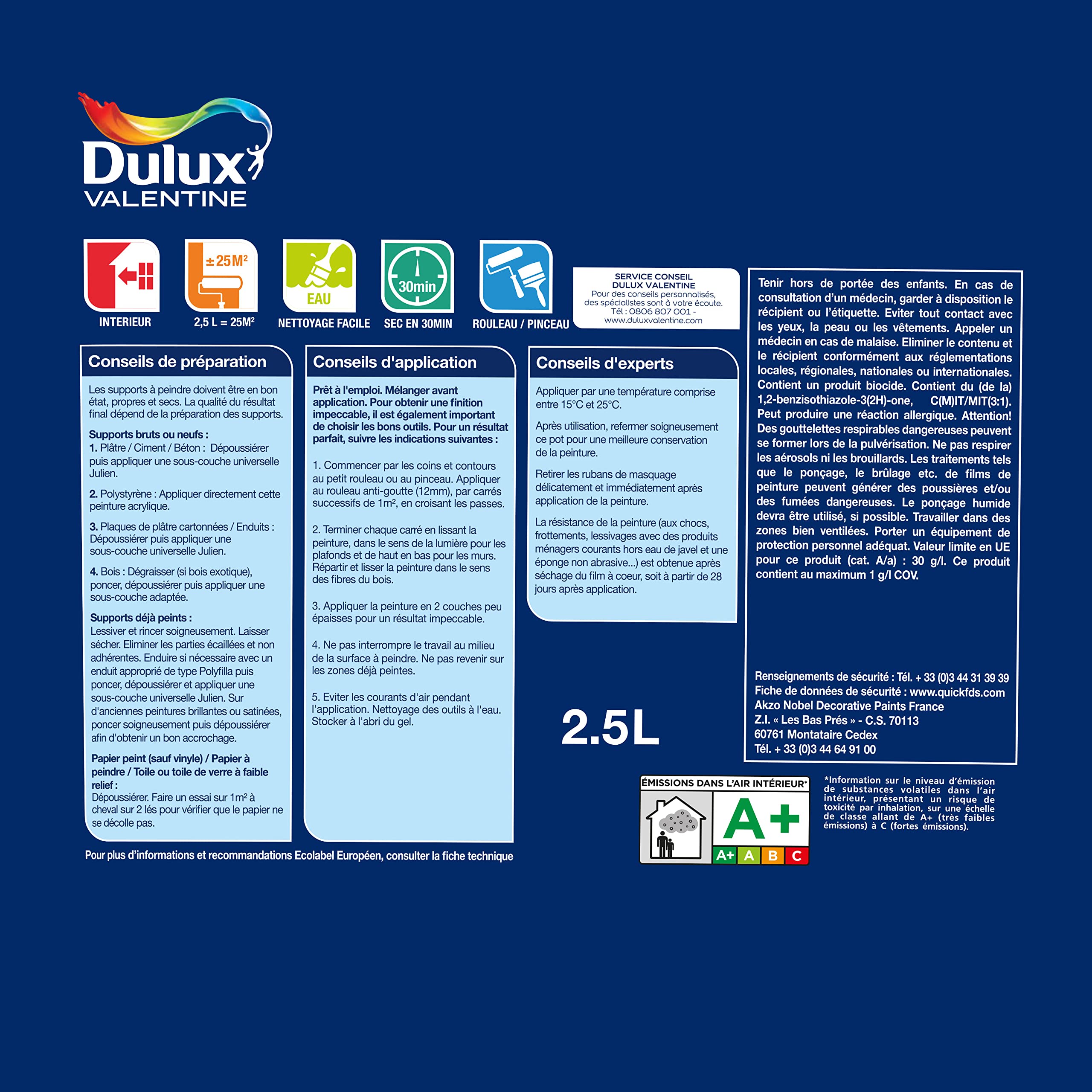 Dulux Valentine Le Blanc Facile - Peinture Intérieure Murs, Plafonds, Boiseries - Facile à appliquer - Velours Blanc 2,5 L