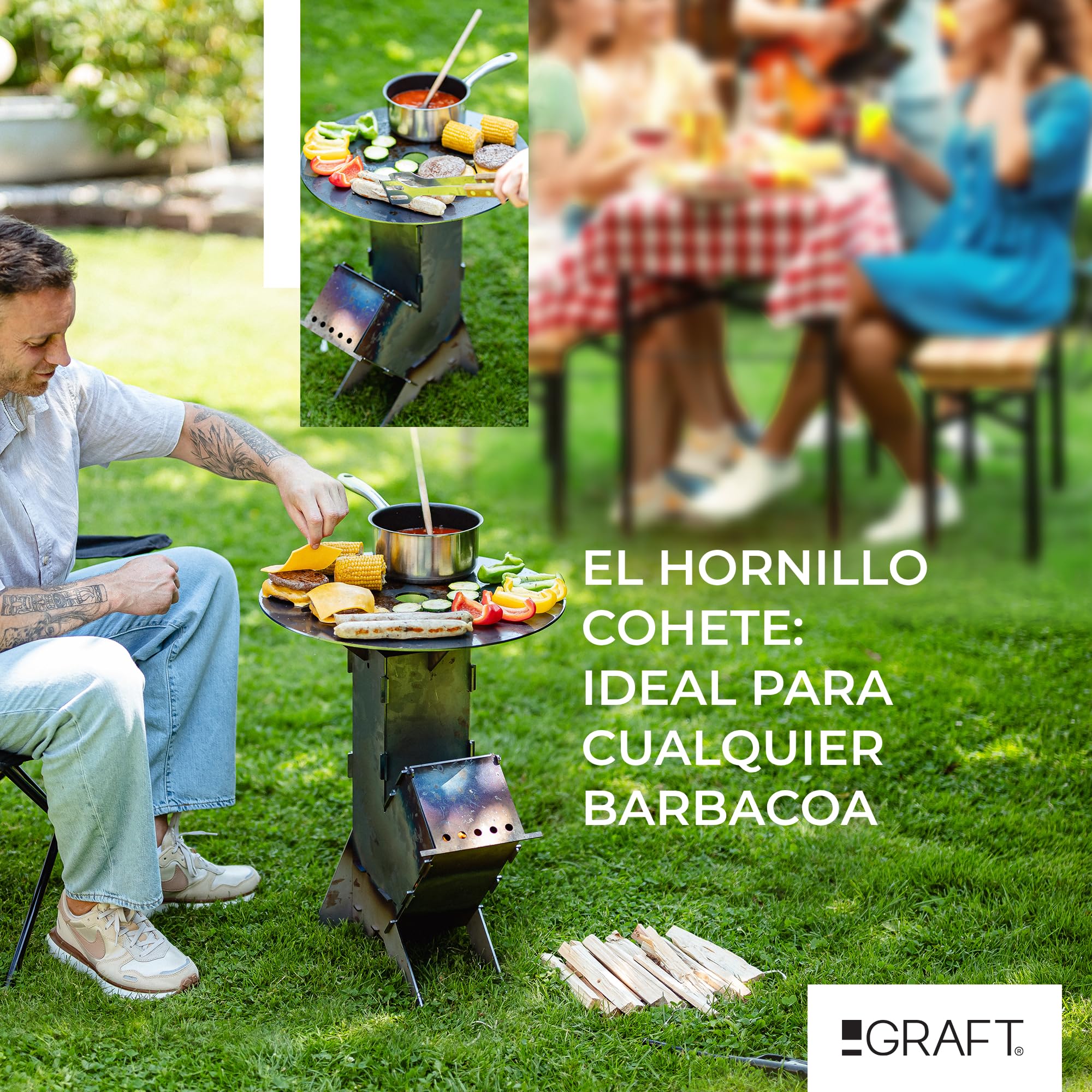 GRAFT Estufa cohete incl. parrilla Acoplamiento Rocket Stove acero 3 mm grosor | cuenco fuego | horno pellets | horno leña | cocina camping | parrilla camping | cocina leña