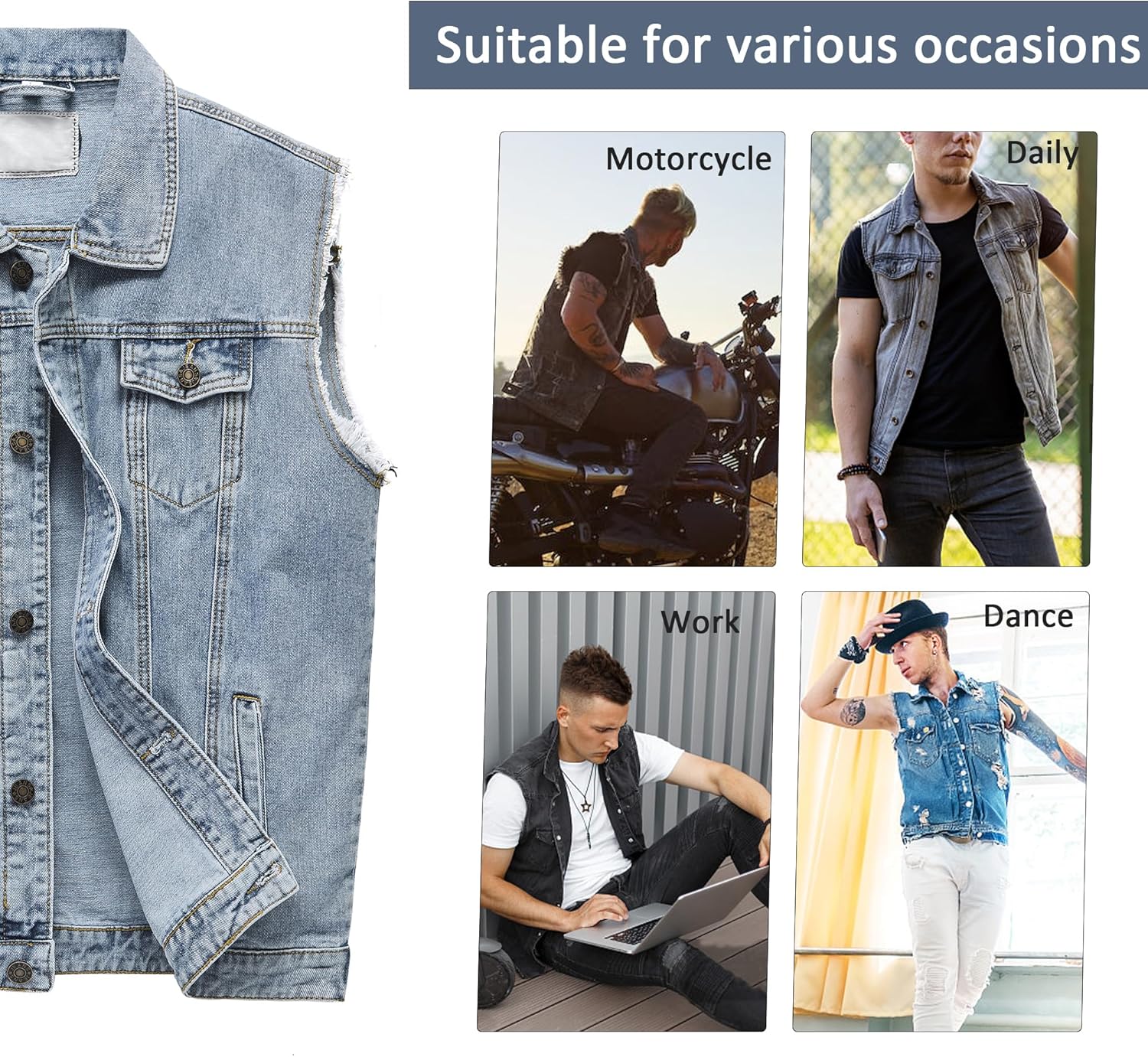 JYG Denim Vest for Men Casual Stretchy Trucker Jean Vests Fashion Vintage Sleeveless Jacket Vest - Image 5