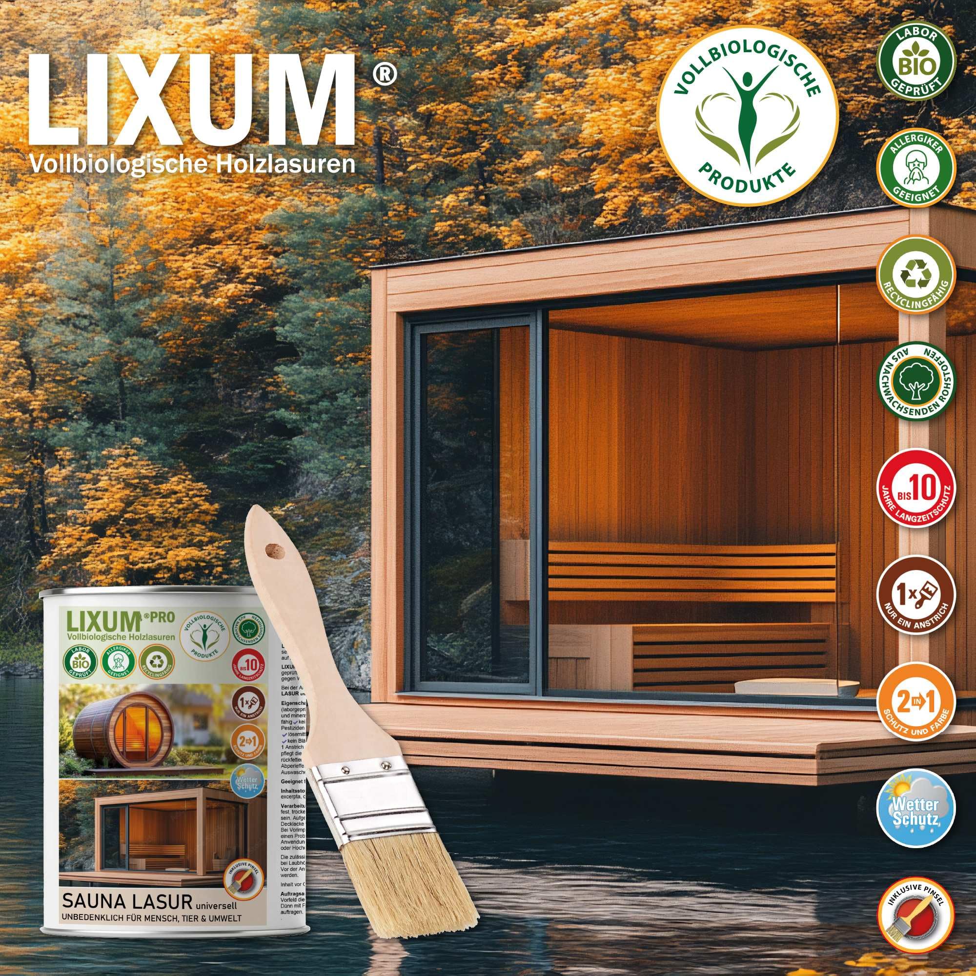 PRO 100% biologische & natürliche BIO Sauna & Fasssauna Holzlasur - Holzschutz & Holzpflege, Farbe: farblos 0.00, Inhalt:500 ml (ca.15m²)