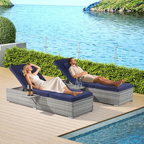 Outdoor Chaise Lounge Set of 2, Adjustable Patio Chaise Lounge with Cushions - 5-Position PE Rattan Pool Lounge Chairs, All-Weather & Lightweight (Dark Blue)