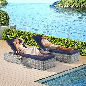 Outdoor Chaise Lounge Set of 2, Adjustable Patio Chaise Lounge with Cushions - 5-Position PE Rattan Pool Lounge Chairs, All-Weather & Lightweight (Dark Blue)