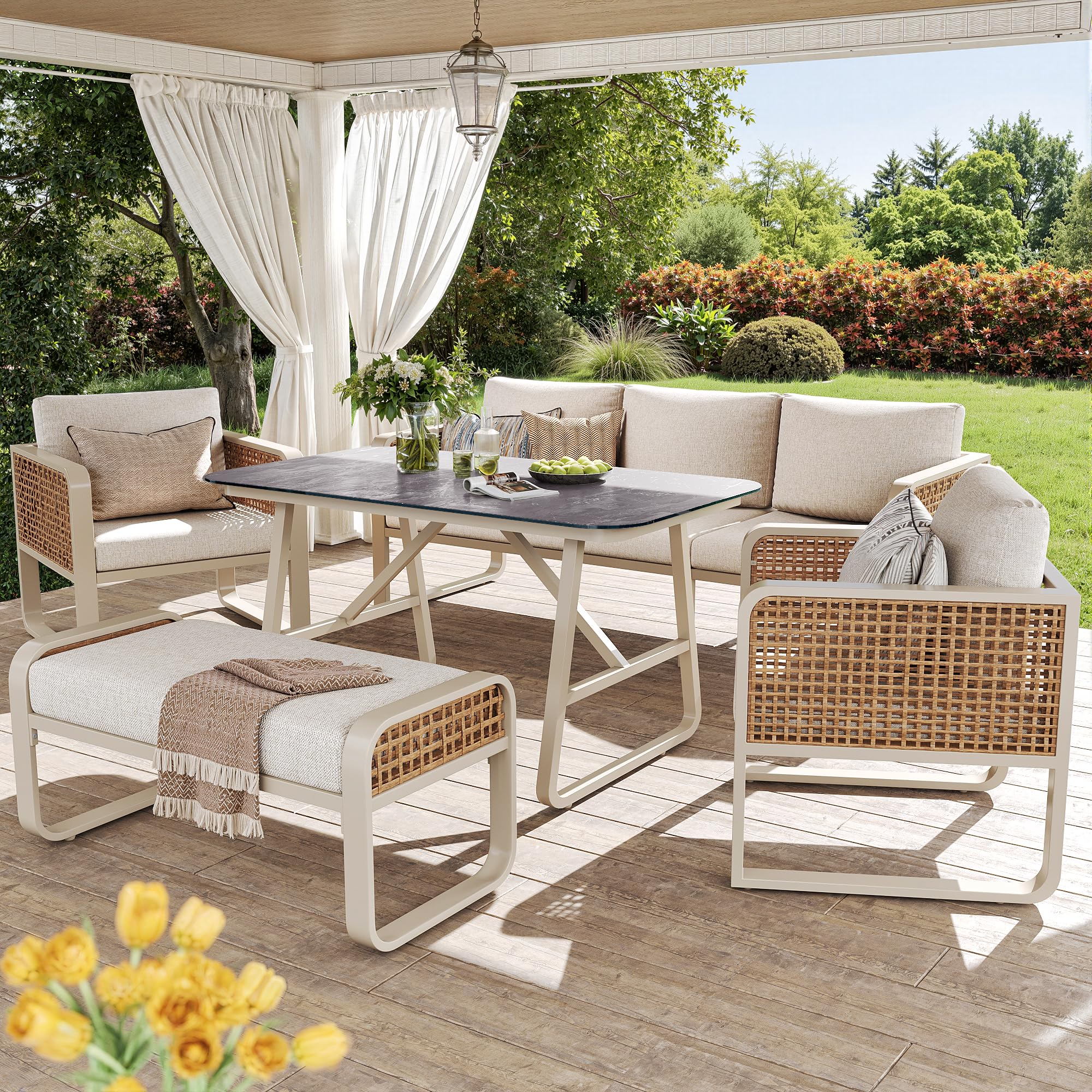 Merax Gartenmöbel Set 6-7 Personen, Gartenlounge Lounge Set aus Metallrahmen & PE-Rattan, Balkonmöbel Outdoor Sitzgruppe mit Tisch & Kissen, Kombinierbar Gartensofa-Set, Wetterfest für Terrasse, Beige