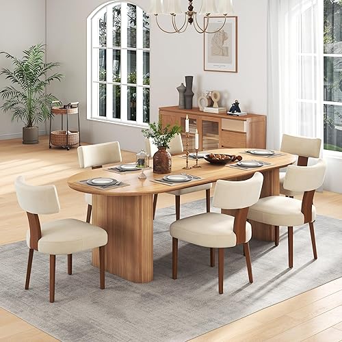 Miniatura 6 de Juego de mesa de comedor ovalada extensible de 59 a 90 pulgadas con 6 sillas de comedor con respaldo en T para 6 personas, moderna mesa de comedor