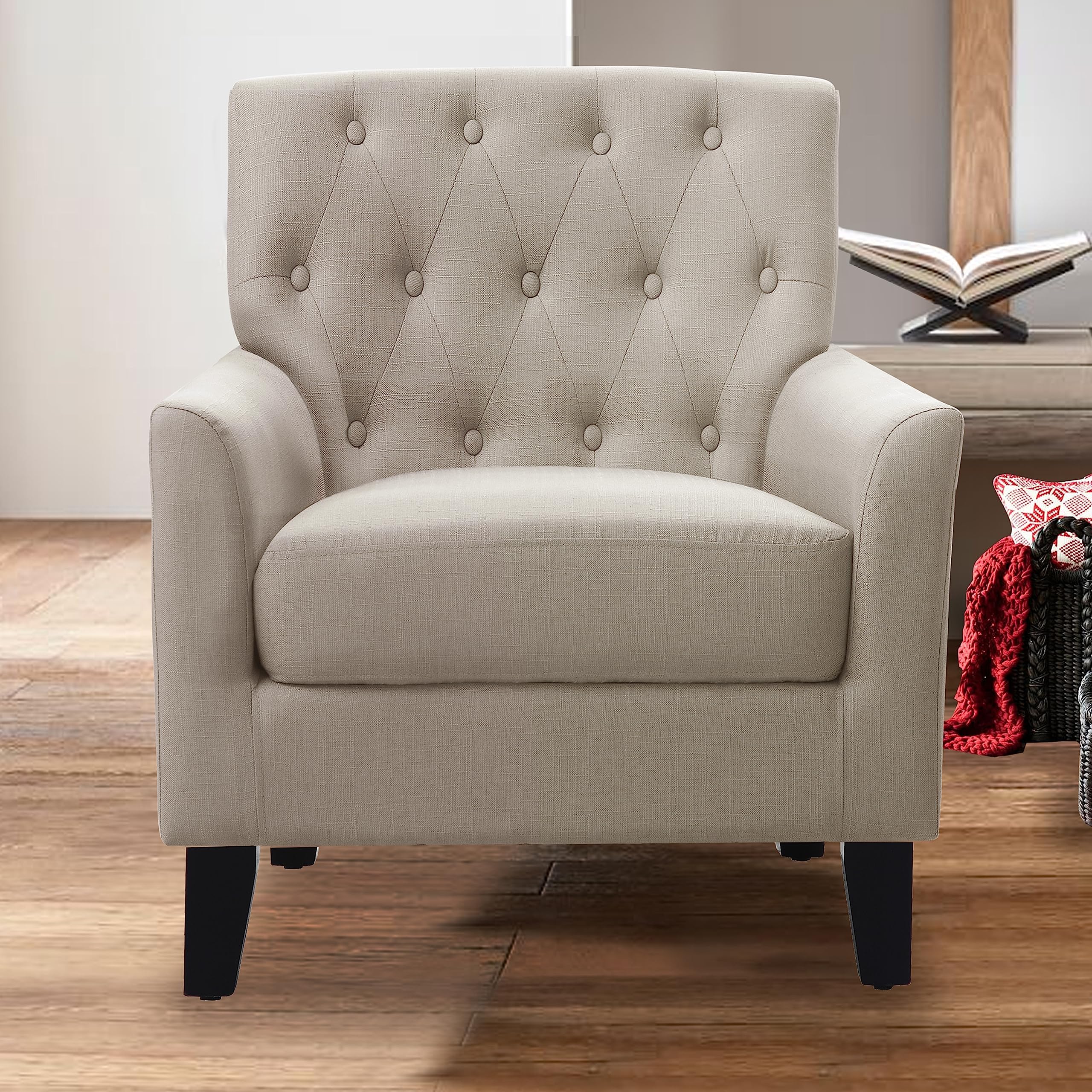 Rosevera Rylee 30โAccent Chair Fabric Upholstered Comfy Arm Chair Tufted Comfy for Reading in Bedroom,Living Room, Small Sofa Chair,Armchair for Small Space,Wood Legs,Textile Beige