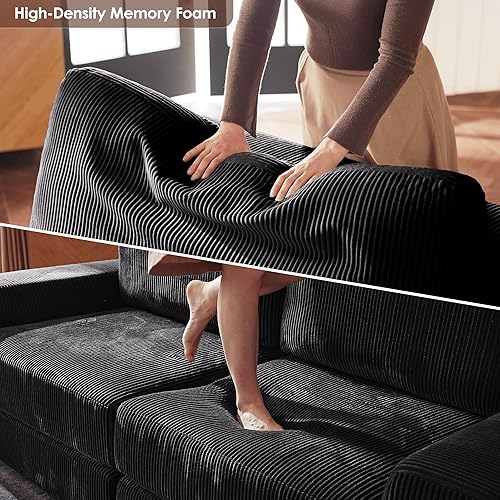 Miniatura 5 de Sofá modular de pana con asiento profundo, sofá modular de pana con otomana, sofás seccionales para sala de estar, no requiere montaje (negro)