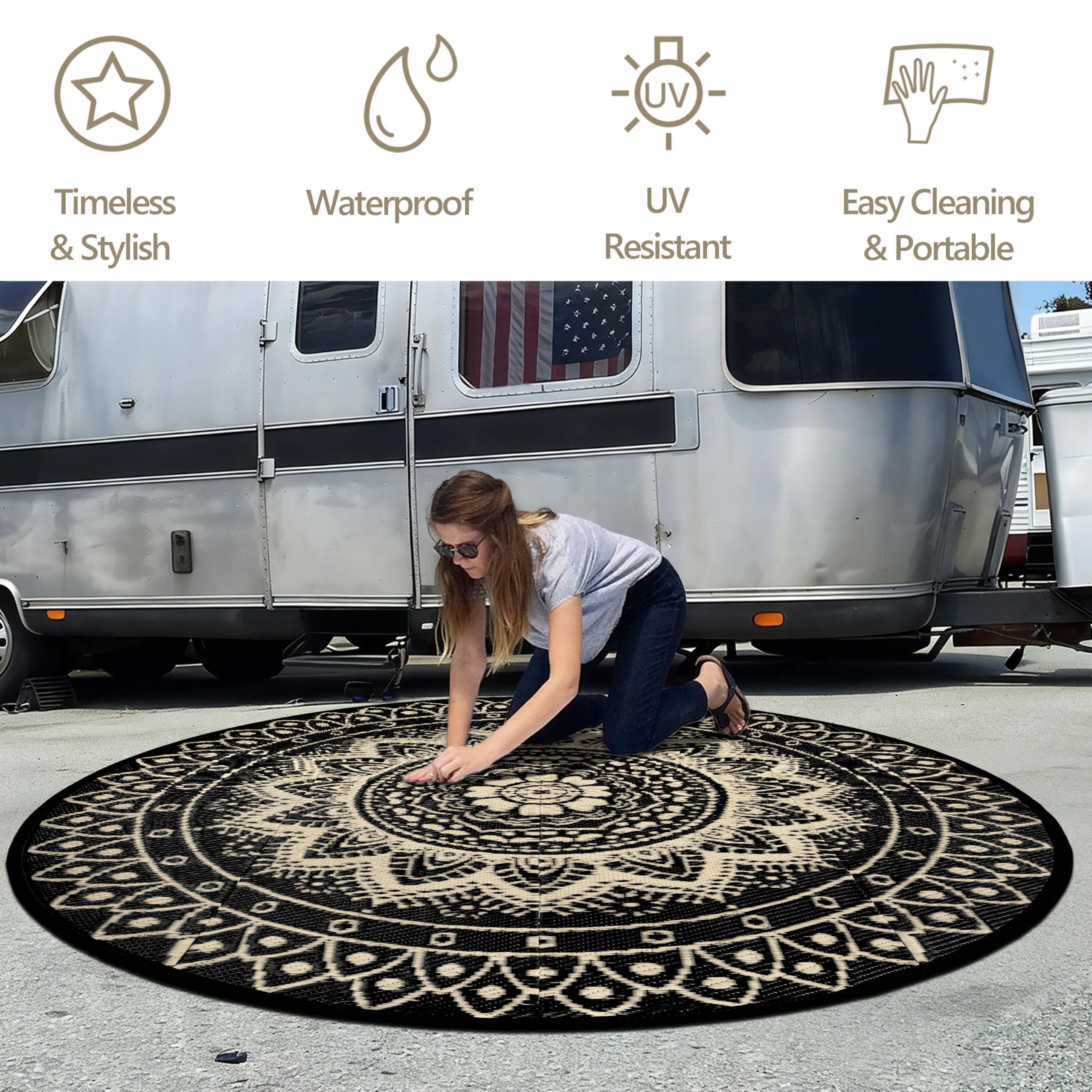 Tapis d'extérieur Rond pour terrasse 150cm réversible imperméable et Pliable bohème pour Camping-carTapis de Pique-Nique et de Camping pour RV, Balcon, Plage, terrasse, Noir/Marron