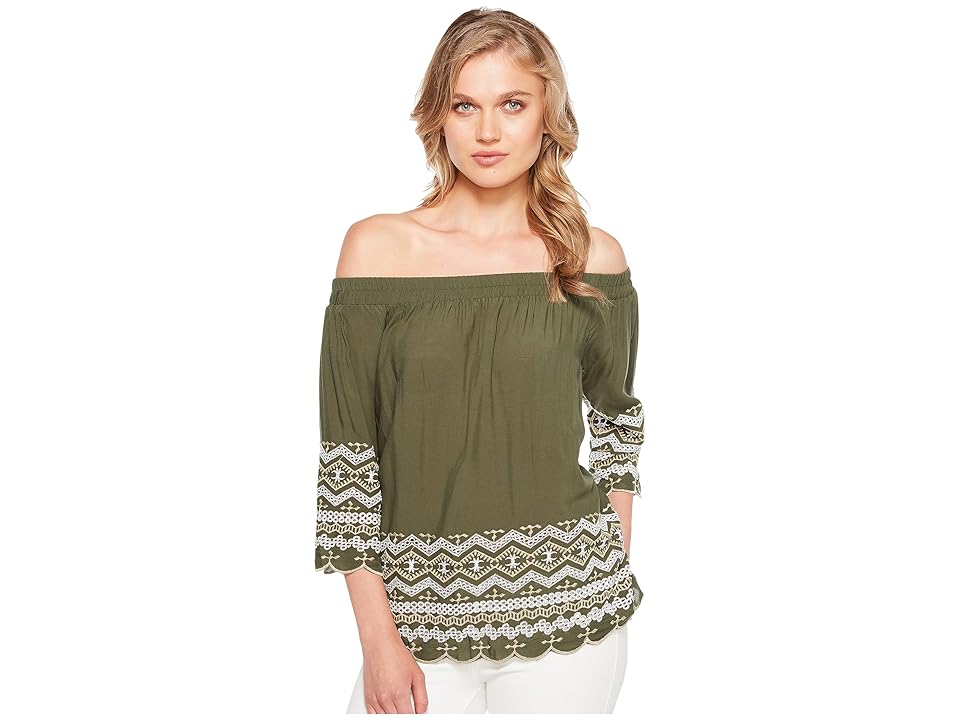 

Karen Kane Off the Shoulder Embroidery Top (Olive) Women's Clothing