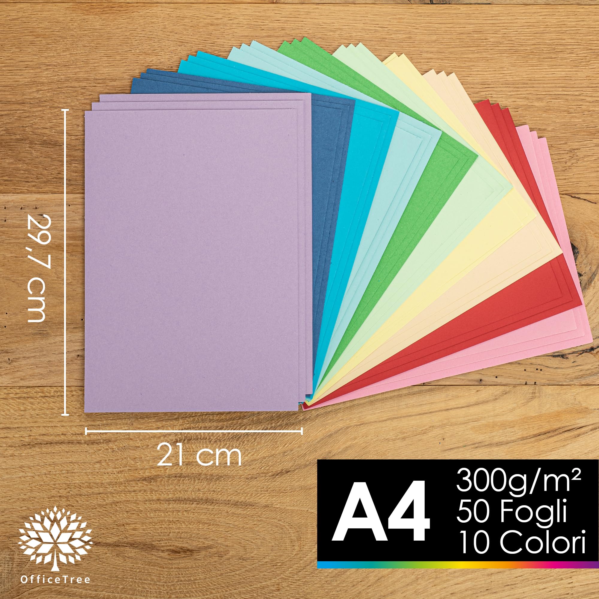 OfficeTree 50 arkuszy papieru pastelowego A4 300g, 10 kolorów, karton fotograficzny do DIY