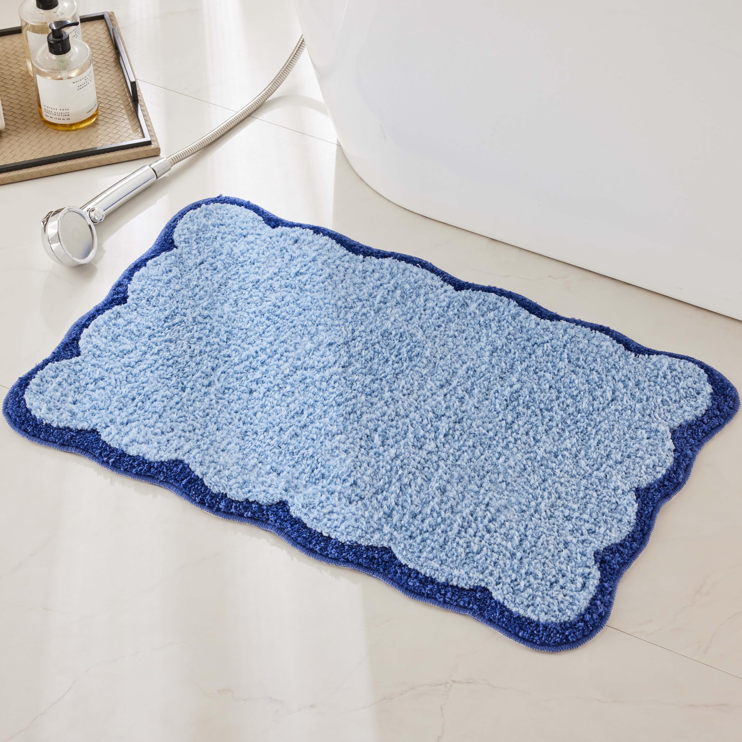 Alfombras de baño de microfibra de lujo, con ribetes festoneados, color azul marino, bonitos tapetes estéticos para baño, bañera, alfombra de suelo, fregadero, ducha, antideslizante, absorbente, 32 x