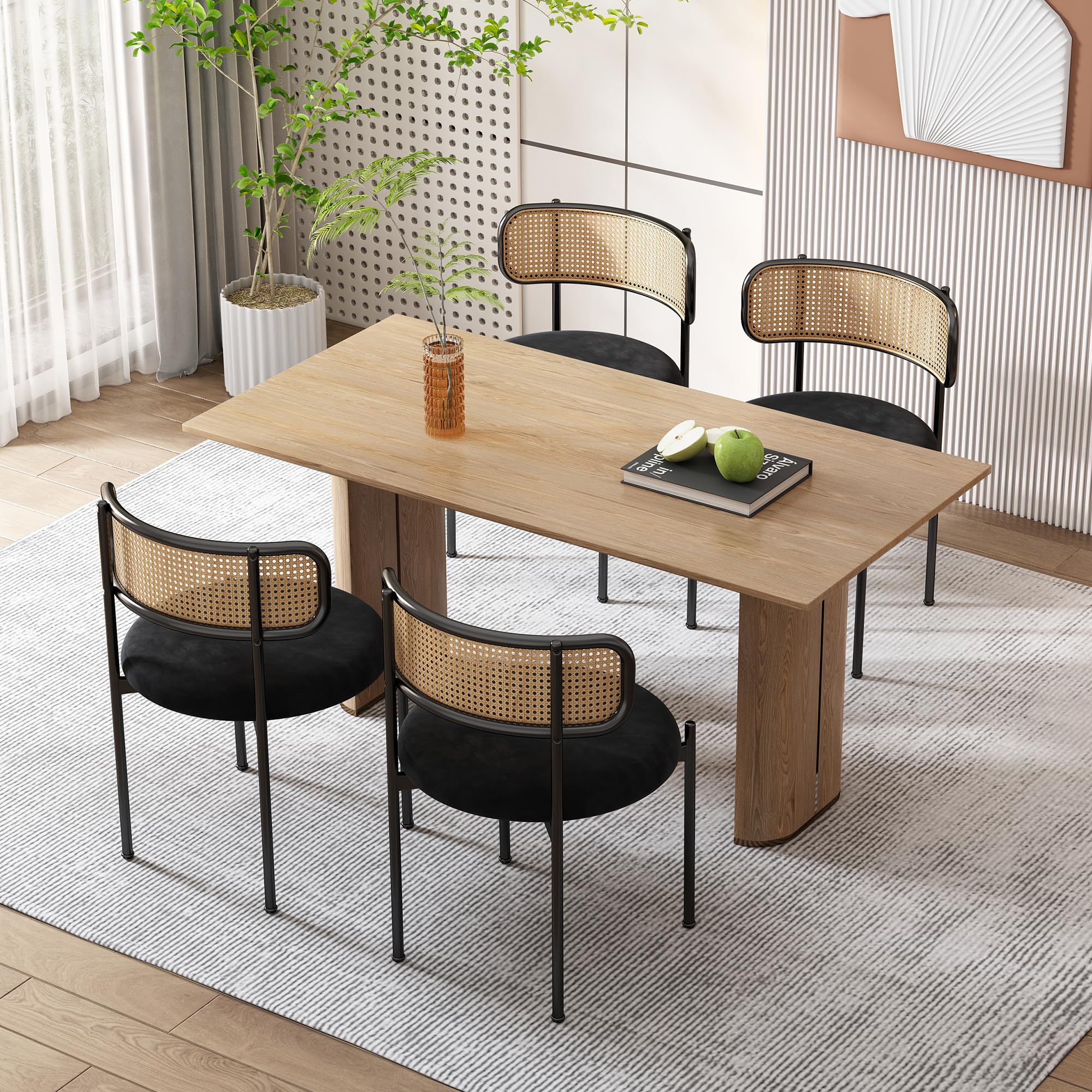Merax Set di 4 sedie da cucina moderne con schienale in rattan, sedie da pranzo con quattro gambe di supporto in metallo, velluto, nero