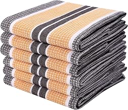 6 Pack 100% Cotton Farmhouse Vintage Dish Towels Tea Towels Highly Absorbent Quick Dry Professional Grade with Hanging Loop - Honeycomb - 18x28 Inch - Mustard Brown