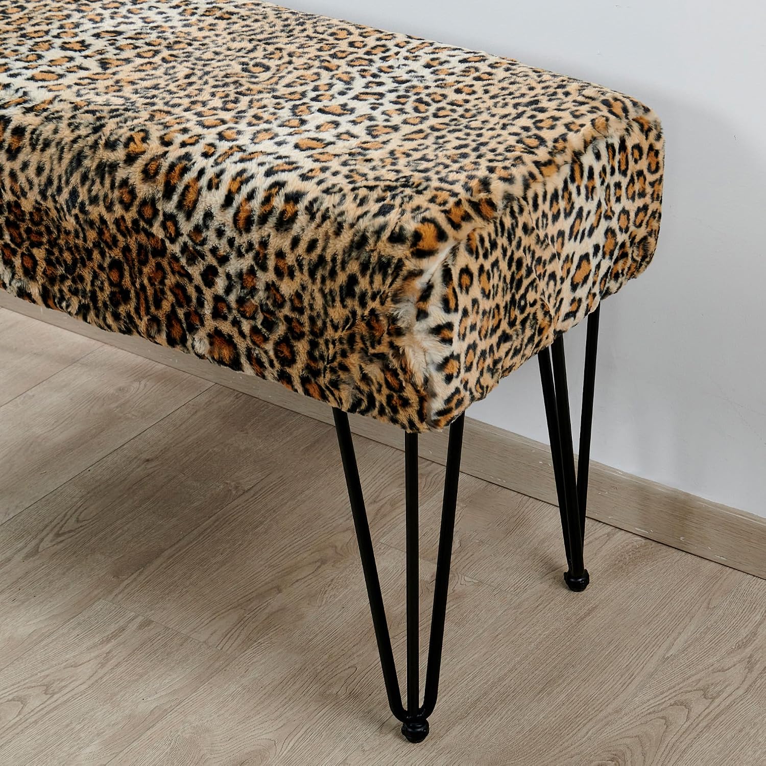 HESTIN 46"x16"x22" Leopard Print Ottoman - Rectangle Footstool Pouf for Living Room, Bed Footrest,- Polyester Accent Stool with Black Legs