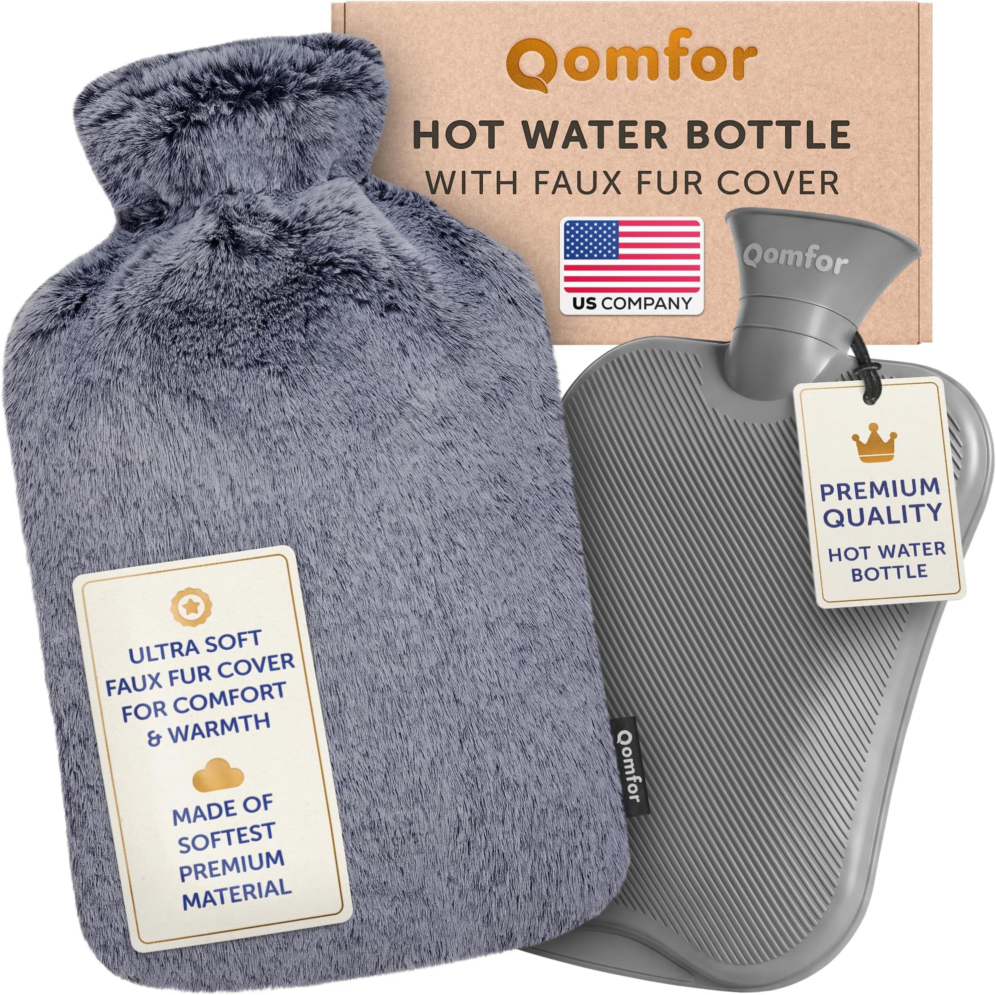 Hot Water Bottle - with Soft Premium Fleece Cover - Dark Gray, 2L