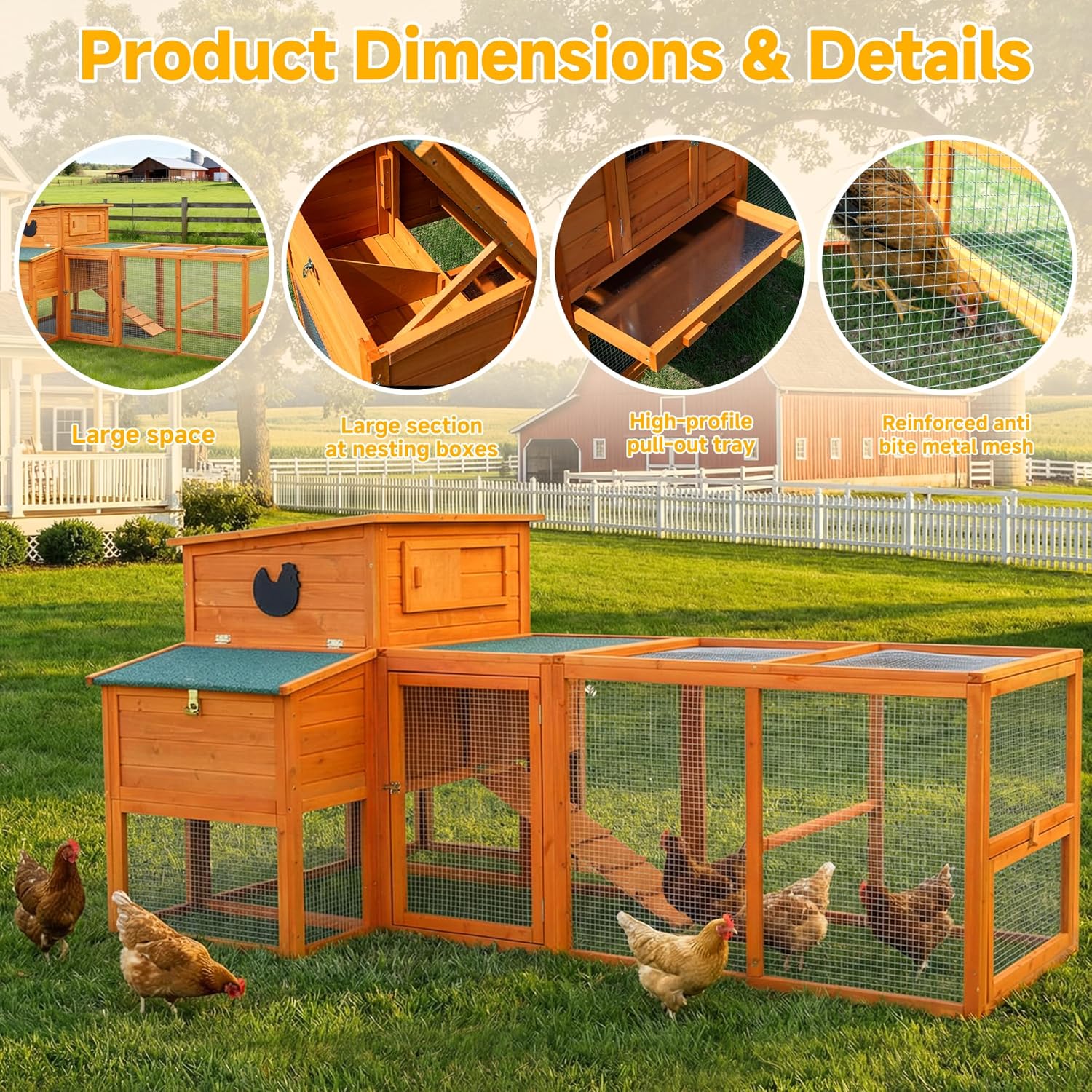 XLarge Chicken Coop with Nexting Box and Run Premium Poultry Cage with Waterproof Roof and Tray Spacious Wooden Chicken House Size for Backyard Small Animals 3-4 Chickens and Duck Orange 83"