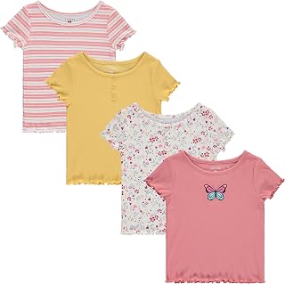 4-Pack Rib Knit Girls Tops - Short Sleeve Lettuce Trim Ribbed Girl Shirts - Stripe/Floral/Solid