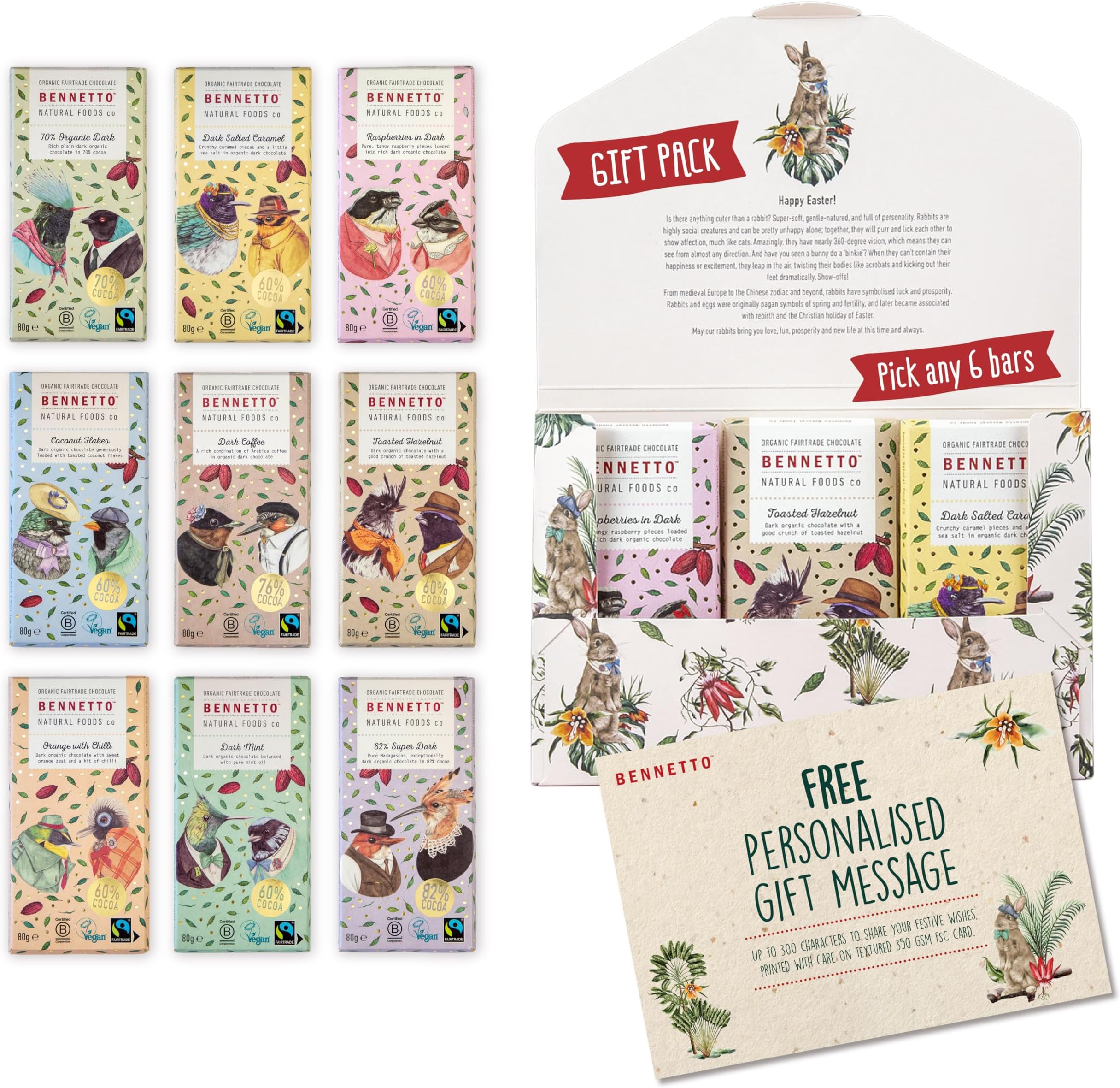 Limited Edition - Easter Themed Gift Pack - Bennetto Organic Dark Chocolate gift selection box. Choose any 6 flavours. optional FREE personalised message.