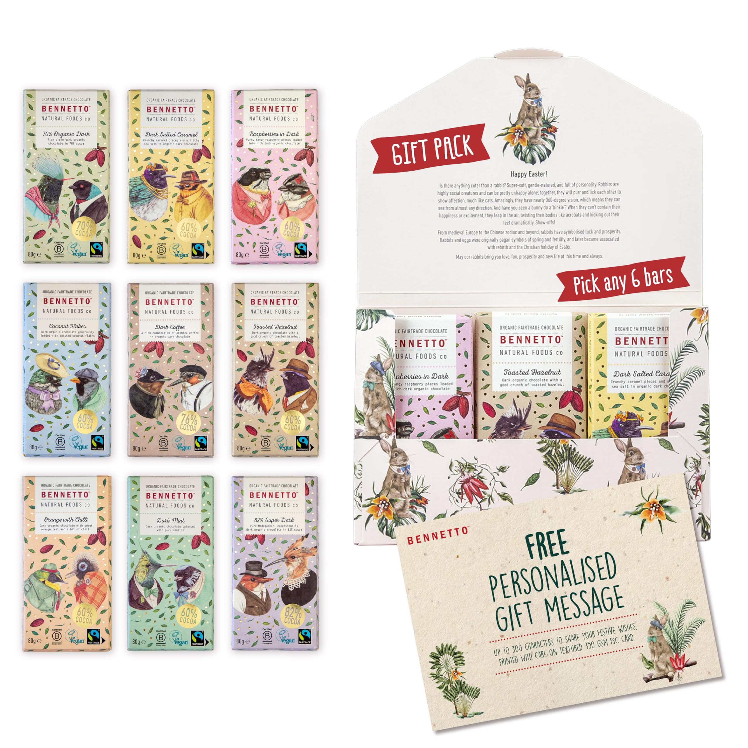 Limited Edition - Easter Themed Gift Pack - Bennetto Organic Dark Chocolate gift selection box. Choose any 6 flavours. optional FREE personalised message.