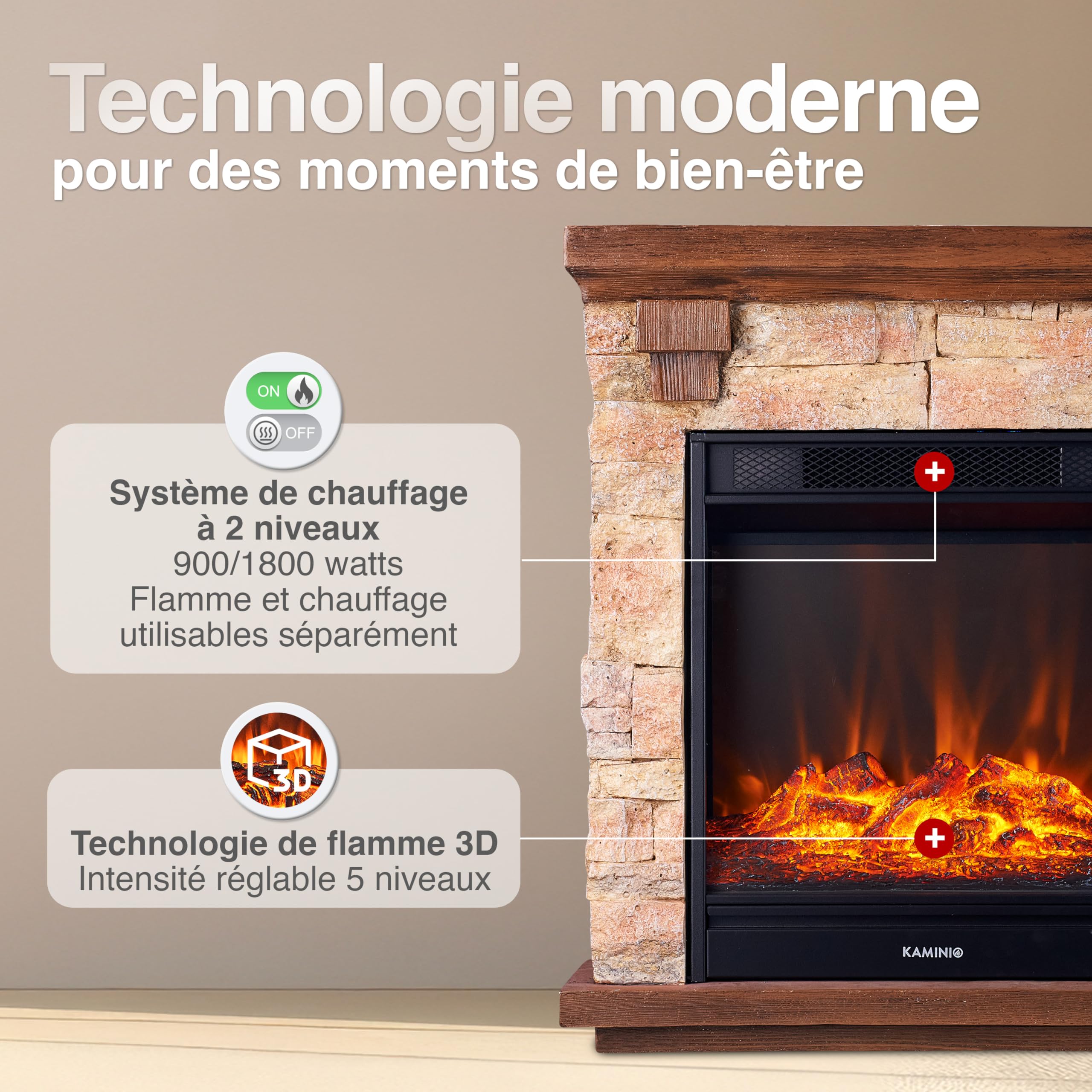 KAMINIO Cheminée électrique Juan - Cheminée sur Pied Aspect Pierre avec Fonction Chauffage, Effet Flammes 3D, télécommande (Beige)