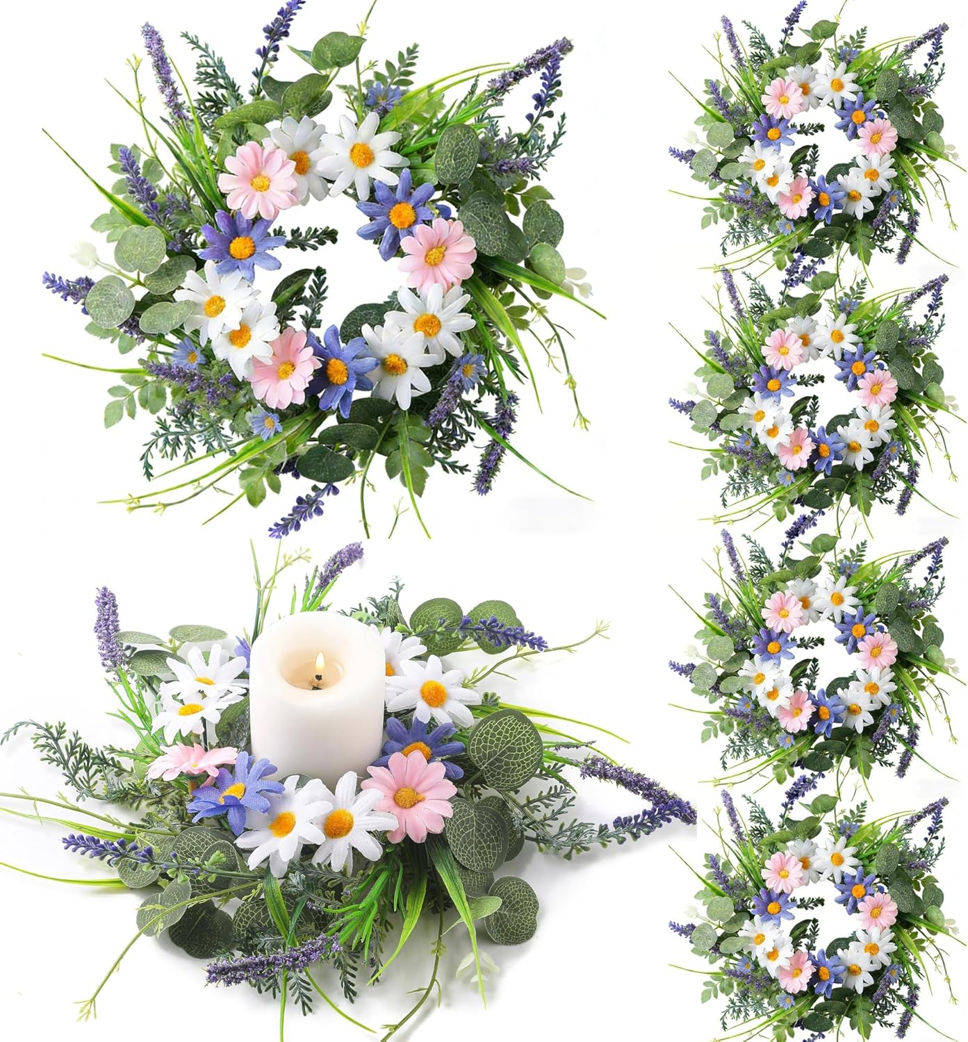 6 Pcs Spring Summer Flowers Swag Wreaths Artificial Greenery Wreath Wildflower Lanvender Candle Ring Wreath Farmhouse Kitchen Cabinet Wreaths with Ribbon for Front Door Pillar Porch Window Decor
