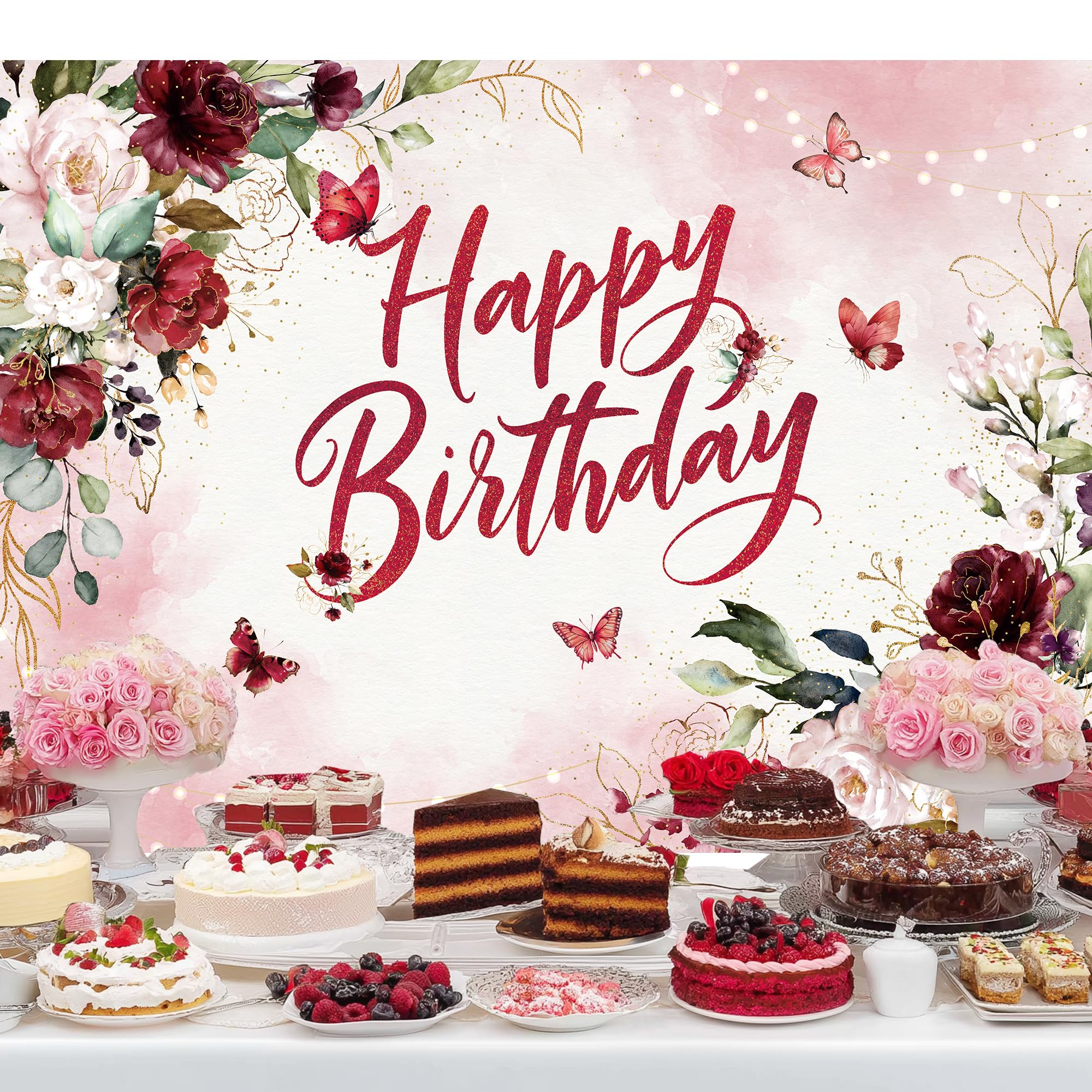 Riyidecor Burgundy Rose Birthday Backdrop Polyester Fabric Pink Floral Butterfly Green Leaves Plant Botanical 7Wx5H Feet for Girls Lady Women Female Photography Background Bday Photo Studio Shoot