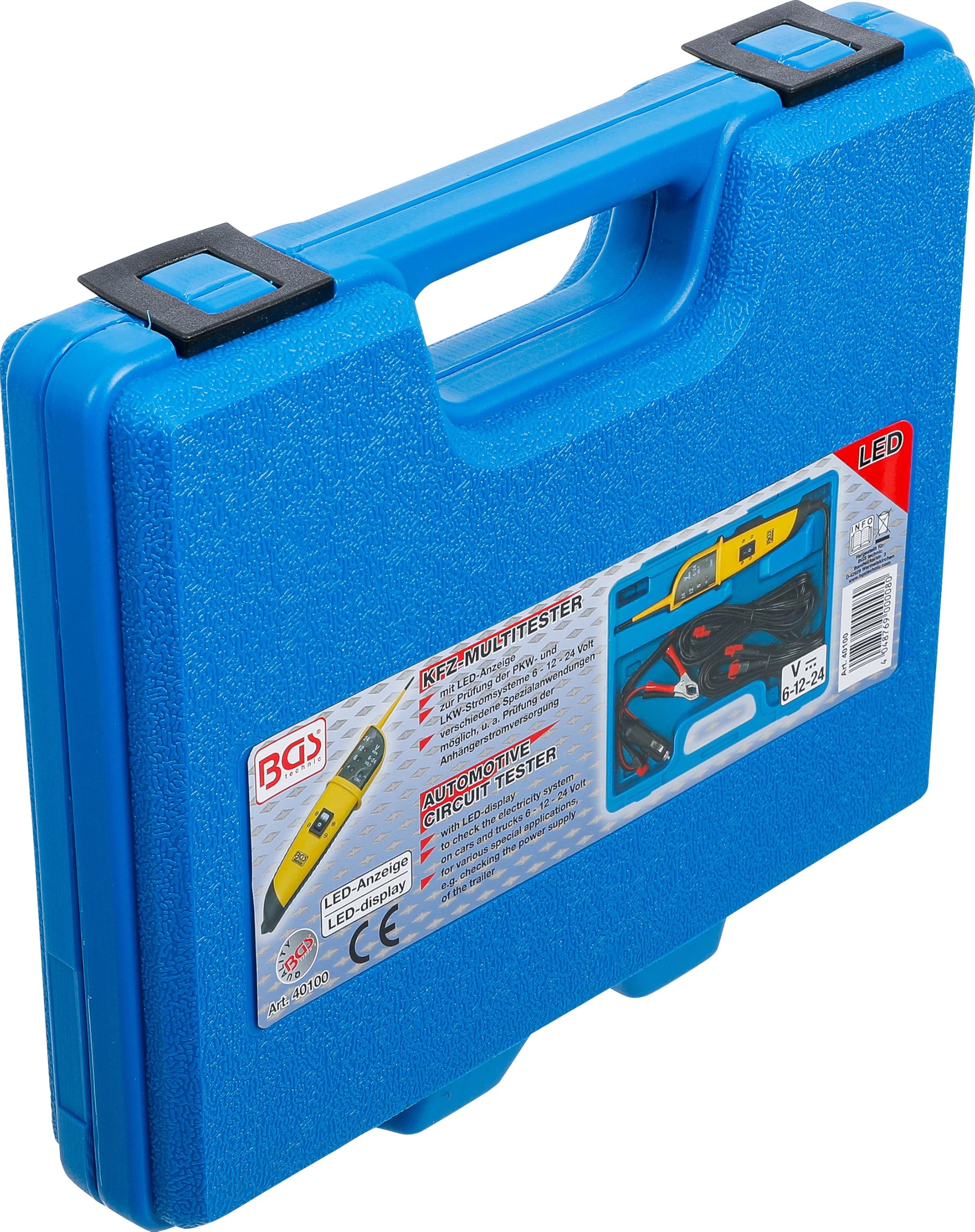 BGS 40100 | Kfz-Multitester | 6-24 V | für Pkw, Lkw, Motorrad | Einhand-Bedienung | LED-Arbeitslicht | positives/negatives Potential | 10 A | Durchgangsprüfer | 6 m Versorgungskabel