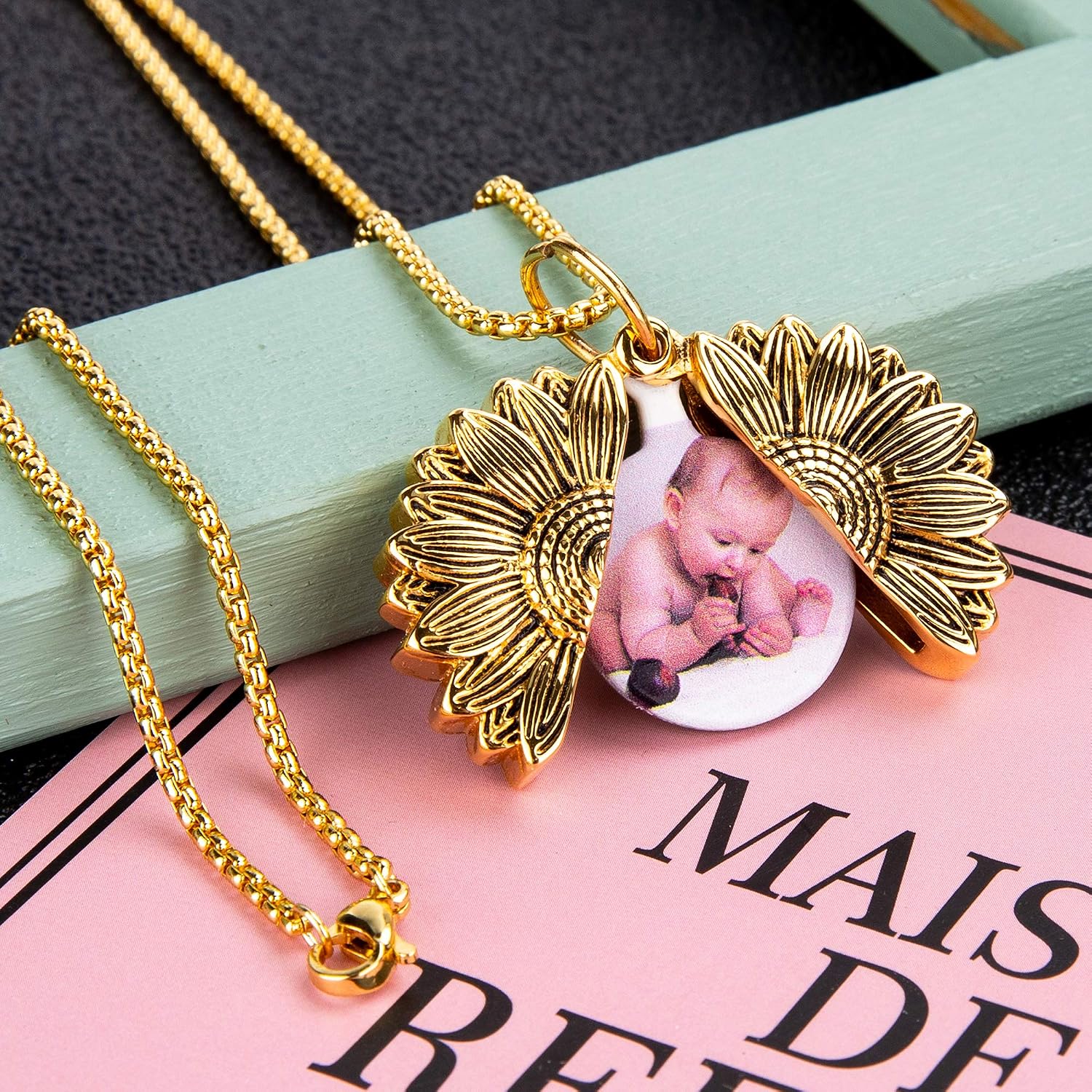 Fanery Sue Personalized Necklace, Custom Photo Locket, You Are My Sunshine Locket with Picture, Mother's Day Gift for Mom Mother Women