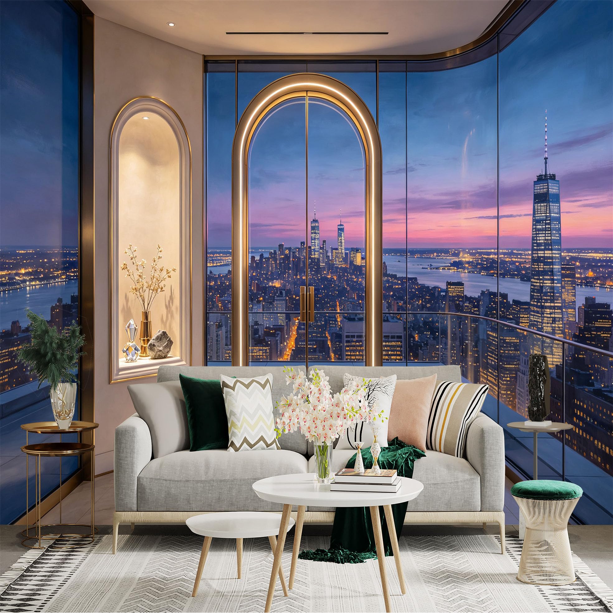 Custom Size Wall Sticker Mural， Luxury City Skyline Sunset View， Modern Glass Window Interior， for wall Decoration， peelandstick wall Decals.
