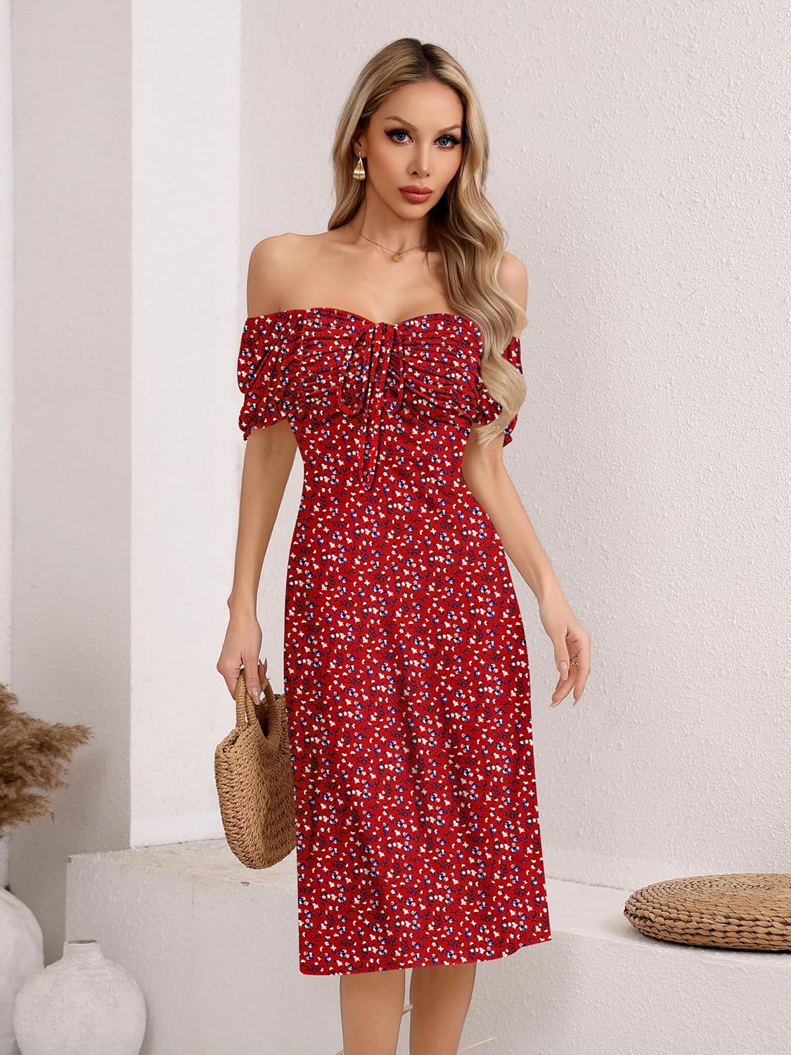 Missufe Women's Summer Floral Midi Dresses Puff Short Sleeve Side Split A Line Sundress Casual Beach Dresses