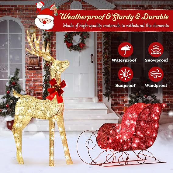 Clearance Outdoor Christmas Gold Reindeer Decorations Lighted 4Ft 3D Reindeer & Sleigh Christmas Decoration Set with 160 LED Lights, Festive Yard Outside Deer Decor for Lawn & Holiday Display