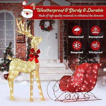 Clearance Outdoor Christmas Gold Reindeer Decorations Lighted 4Ft 3D Reindeer & Sleigh Christmas Decoration Set with 160 LED Lights, Festive Yard Outside Deer Decor for Lawn & Holiday Display