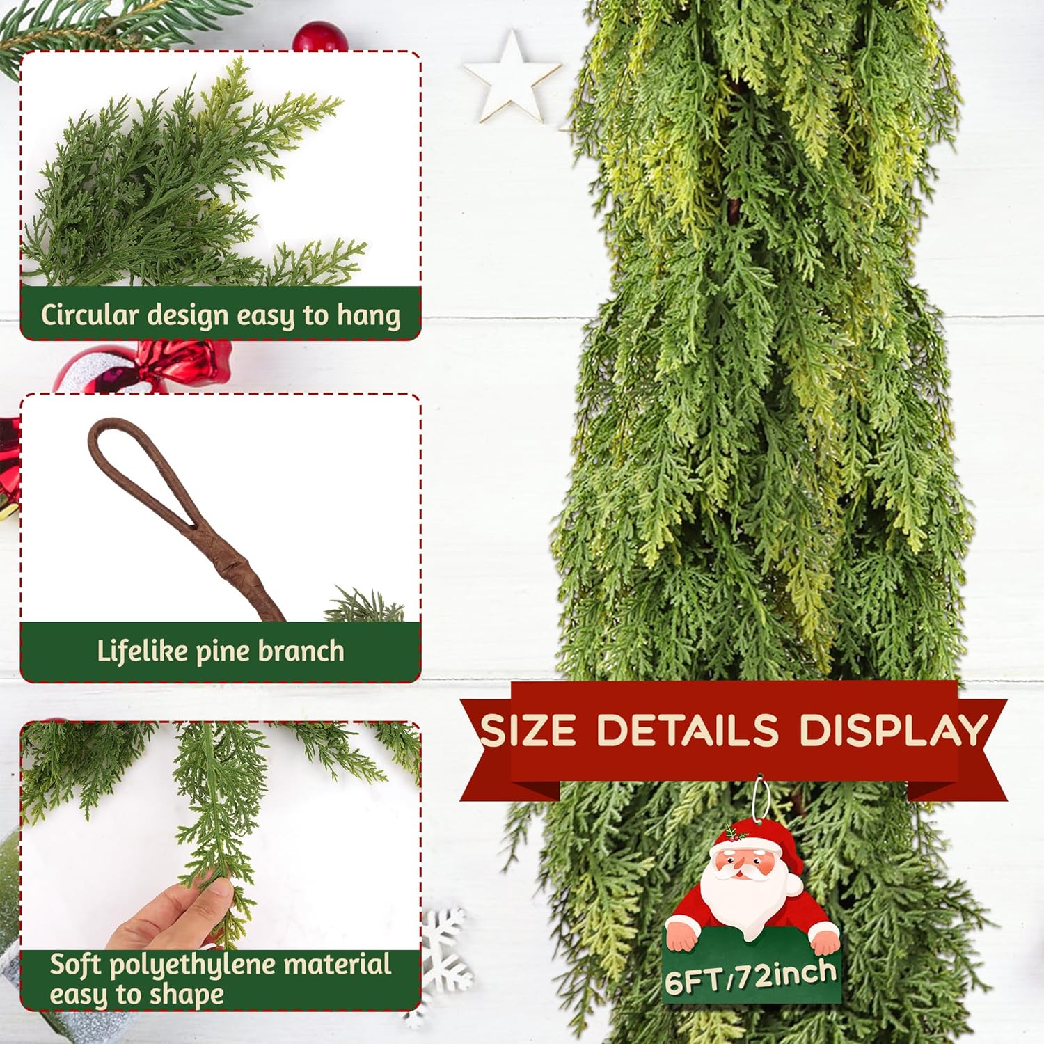 6 Feet Real Touch Christmas Cedar Garland, Artificial Green Faux Cedar Pine Garland for Furniture, Window, Stairs, Mantle, Indoor/Outdoor Christmas Decor - Image 4