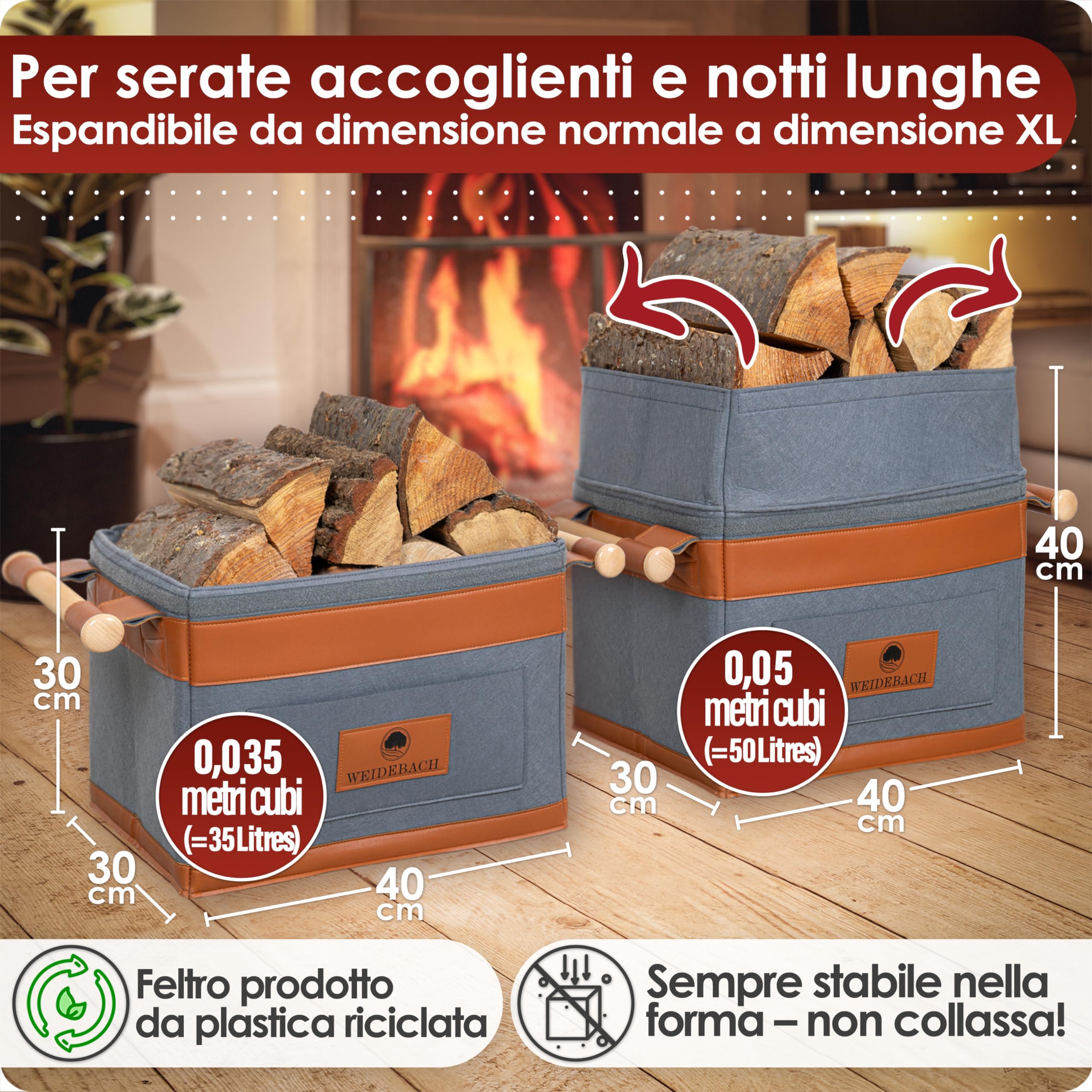 WEIDEBACH® Cesto in Legno per Legna da Ardere 35L (Espandibile a 50L) | Grigio Resistente, 40x30x30cm, Con Manico Antiscivolo, per Conservazione da Camino