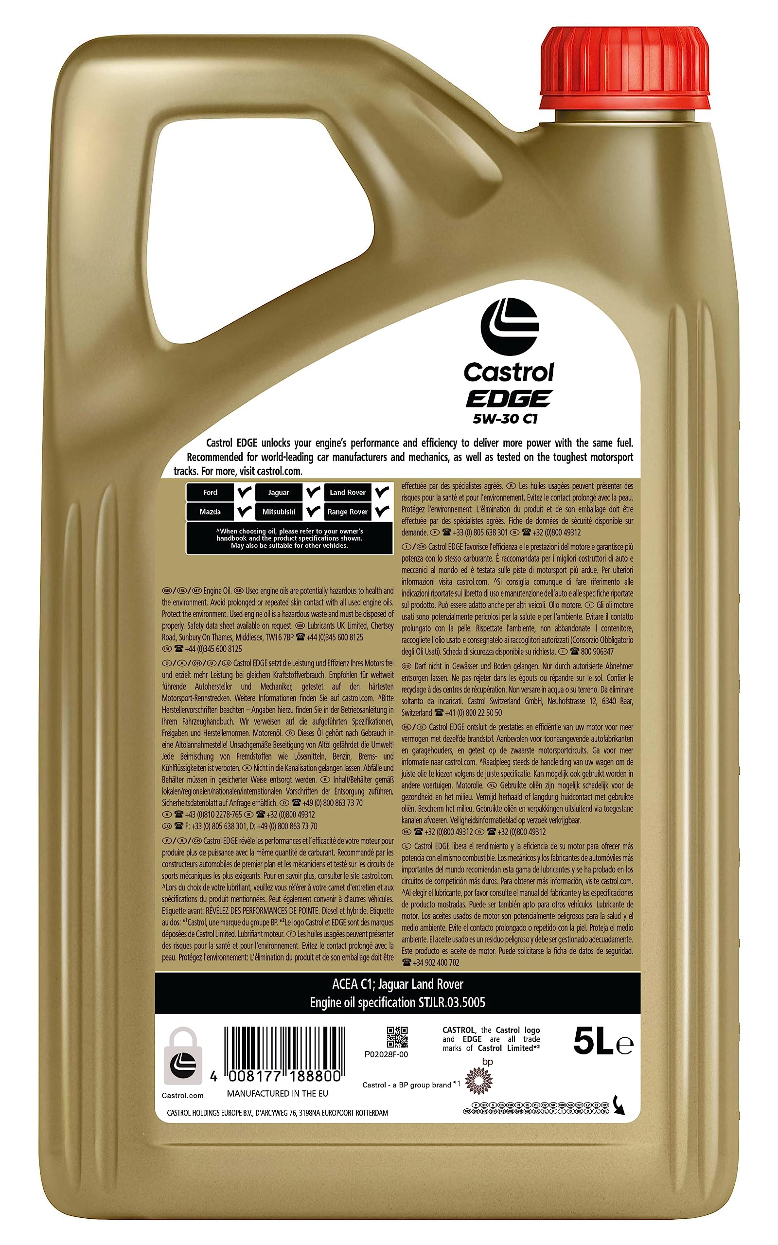 Castrol EDGE 5W-30 C1, Aceite de Motor Avanzado Sintético, Cumple con la Especificación ACEA C1, 5L