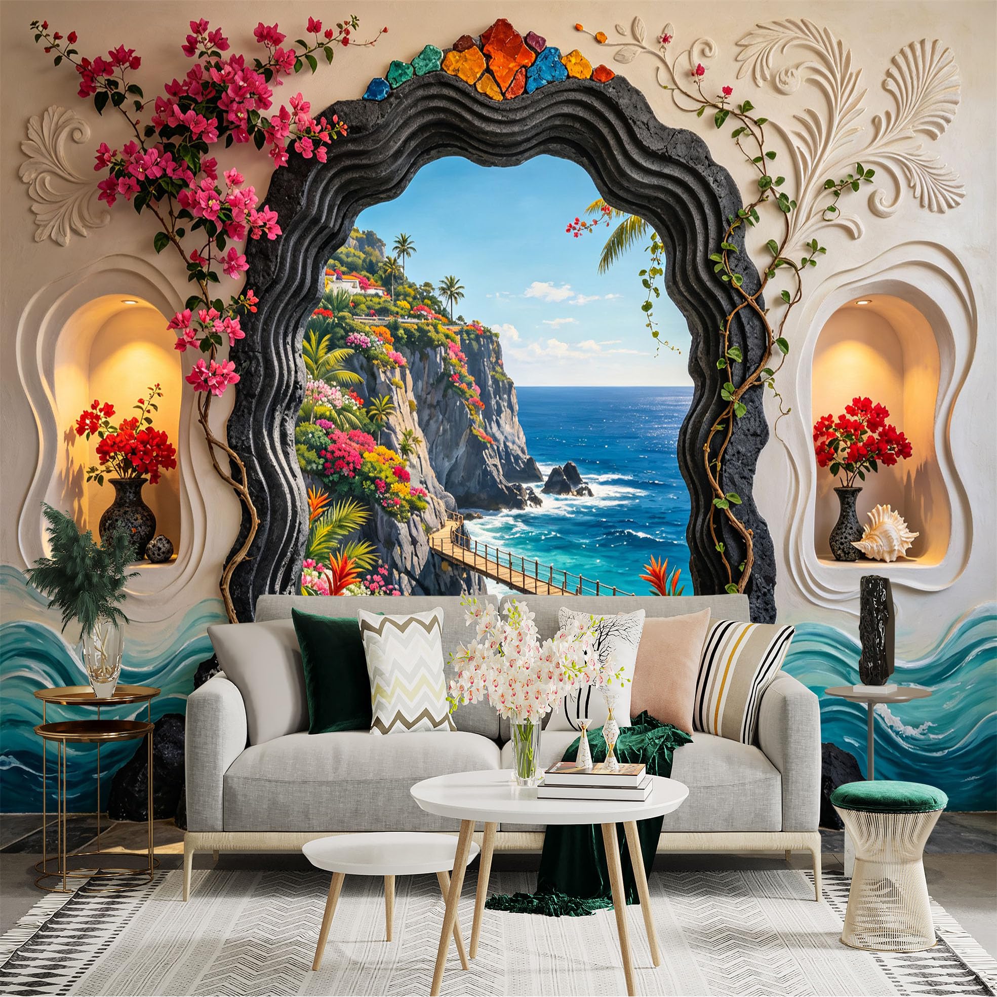 Custom Size Wall Sticker Mural， Tropical Coastal Cliff， Ocean View Archway， Floral Seaside Landscape， for wall Decoration， peelandstick wall Decals.