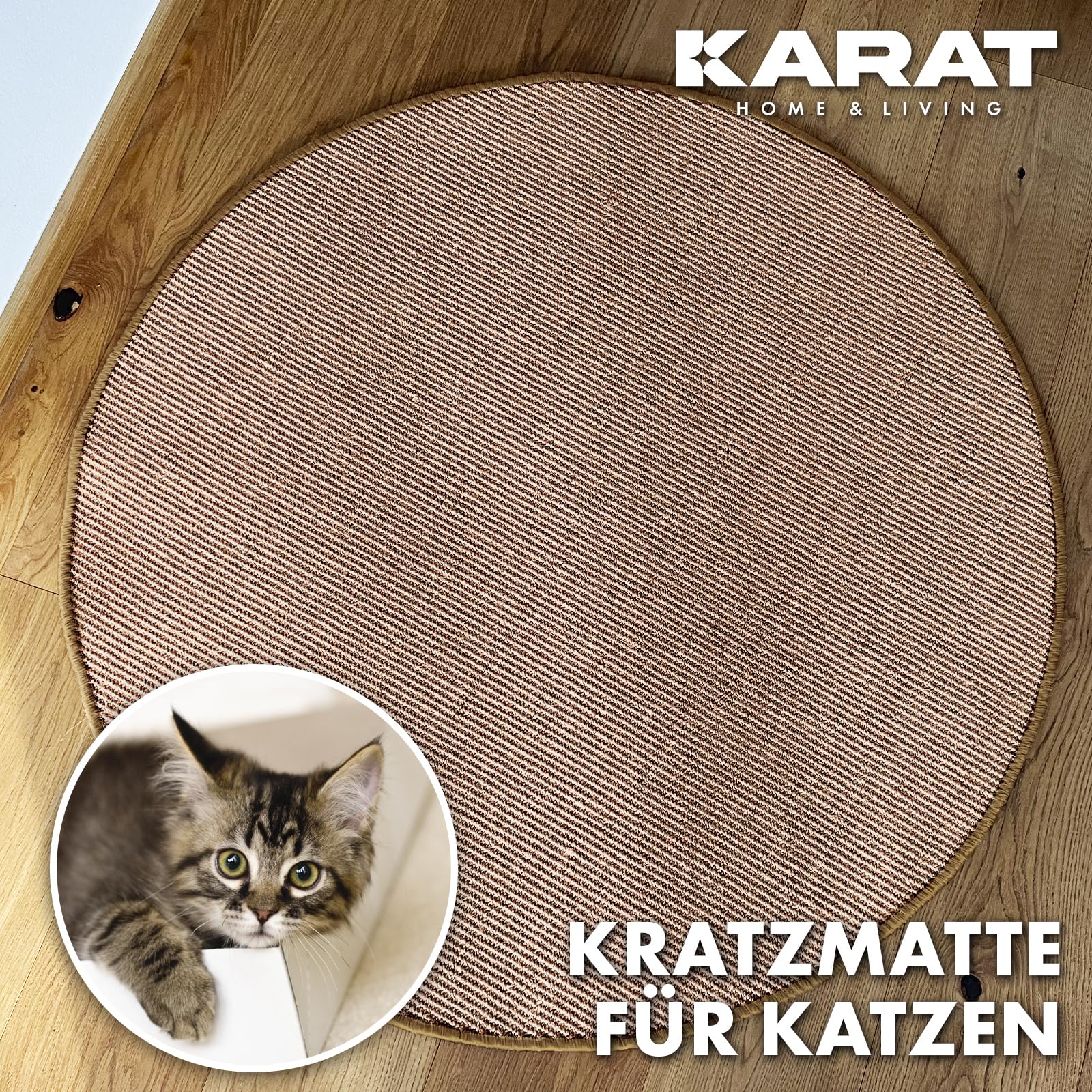 KARAT Alfombra para rascar gatos redonda, 150 cm de diámetro, de sisal natural, posibilidades de arañar para gatos, muebles para pared o suelo, resistente y lavable, corcho