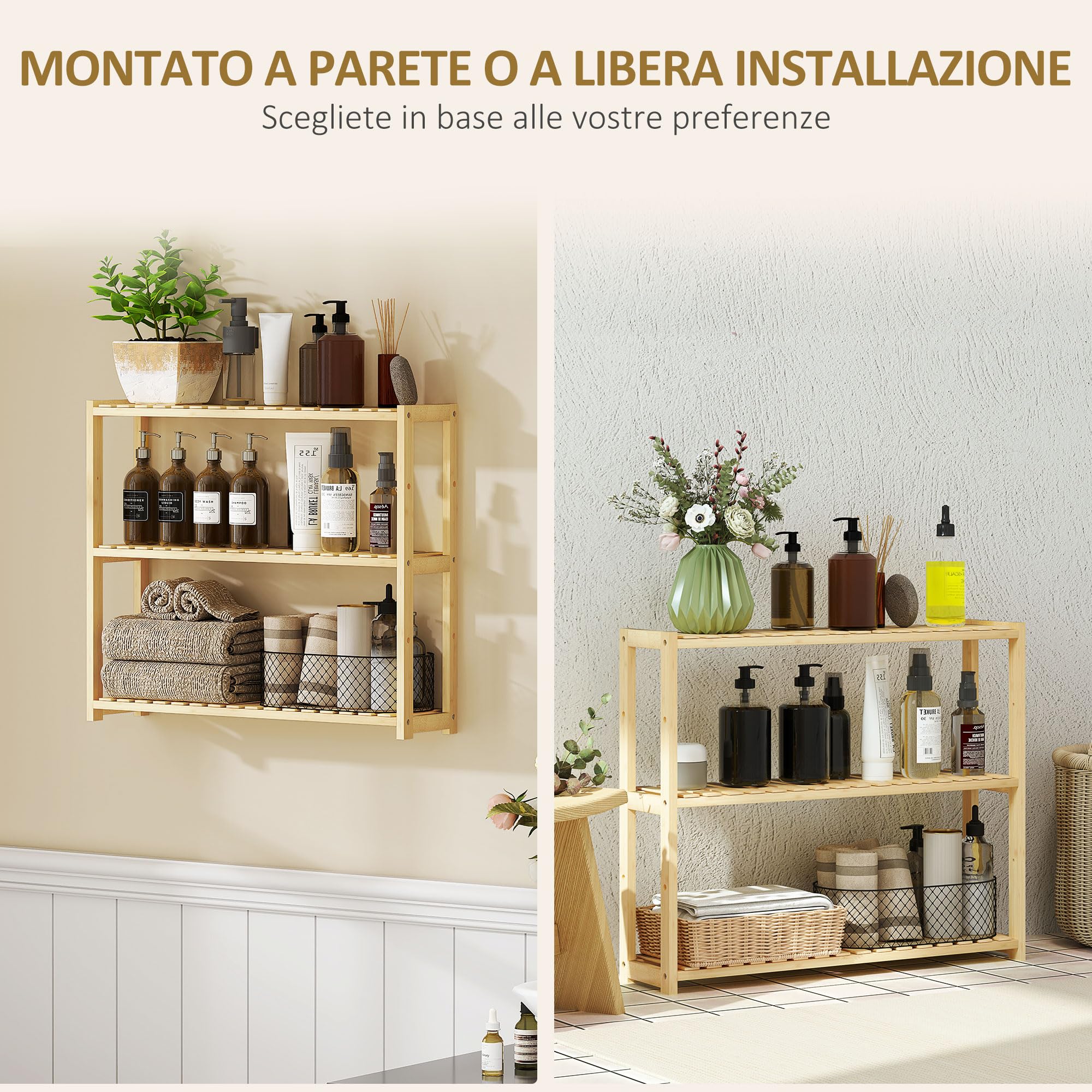 HOMCOM Scaffale da Bagno a 3 Ripiani Regolabili in 5 Livelli, Mobile Contenitore in Bambù a Parete o a Terra, per Cucina, Soggiorno e Bagno, 60x15x50 cm, Color Legno