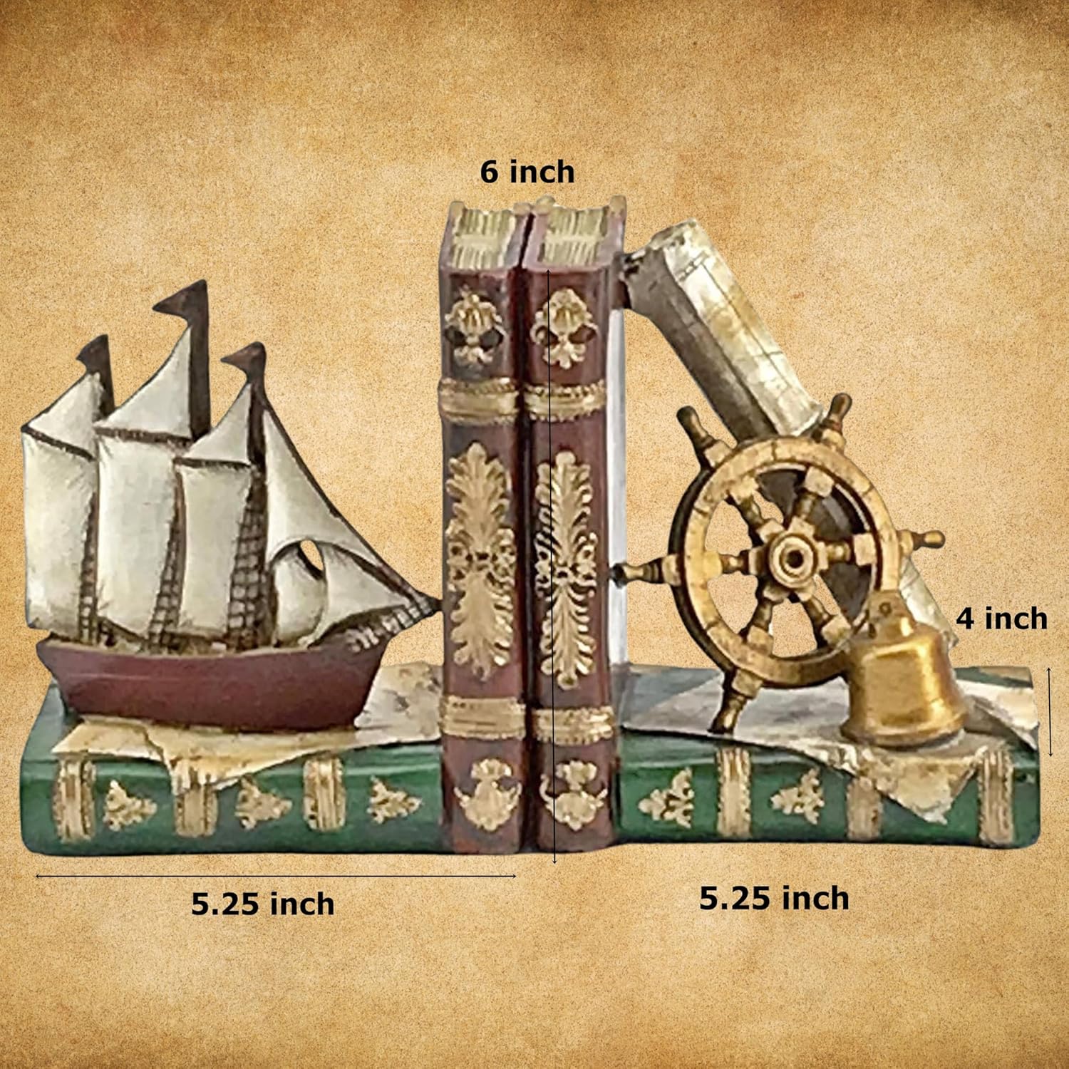 Bellaa 24247 Pirate Ship Bookends Captain Sailboat Crew Sailor Nautical Coastal Home Decor Art Statues Book Ends Shelves Stoppers Holder Nonskid Shelf Heavy Duty Supports Vintage Style