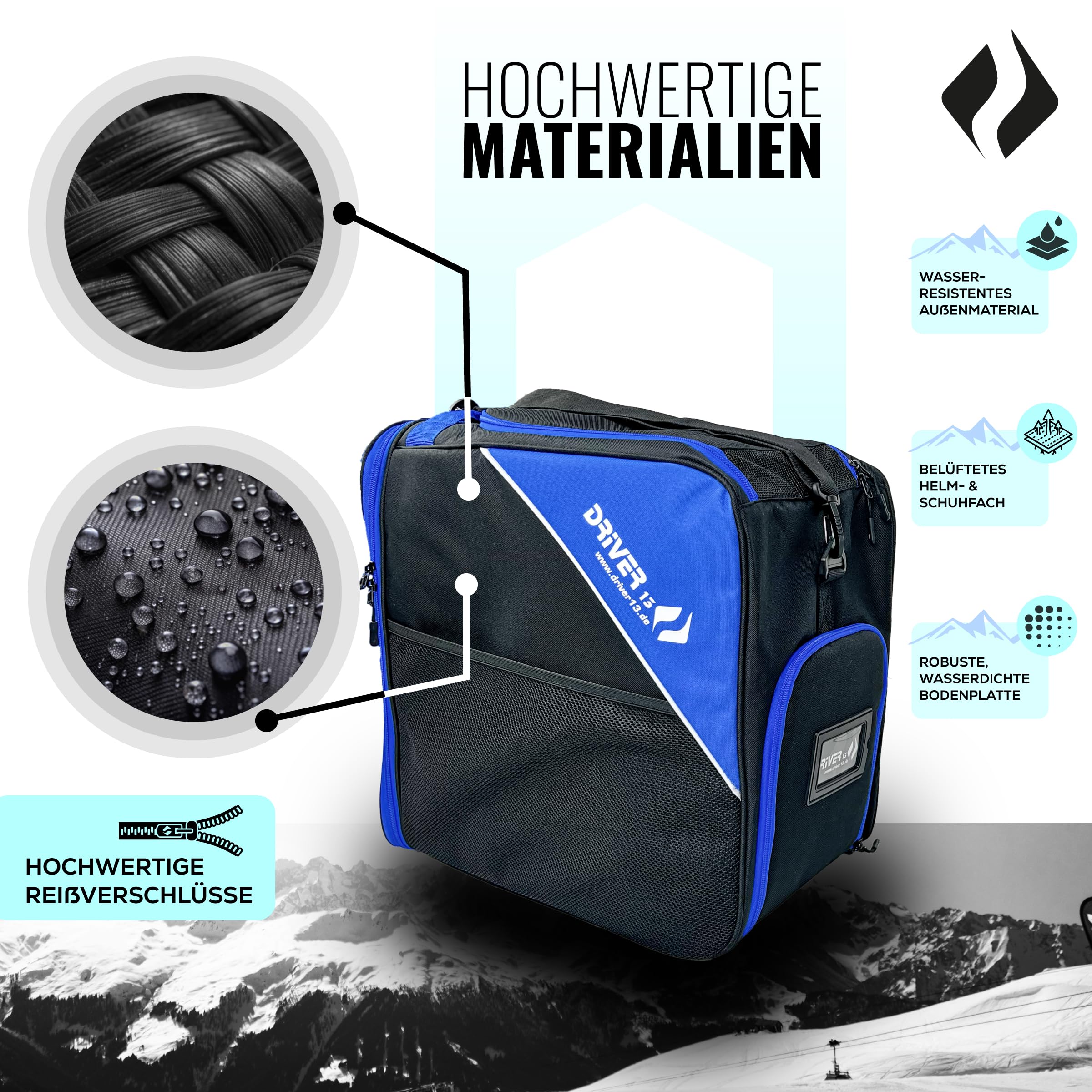 Driver13 ® Bolsa para Botas de esquí Bolsa para Botas de esquí con Compartimento para Casco para Botas Blandas duras inliner y Bolsa para Botas Negro-Azul