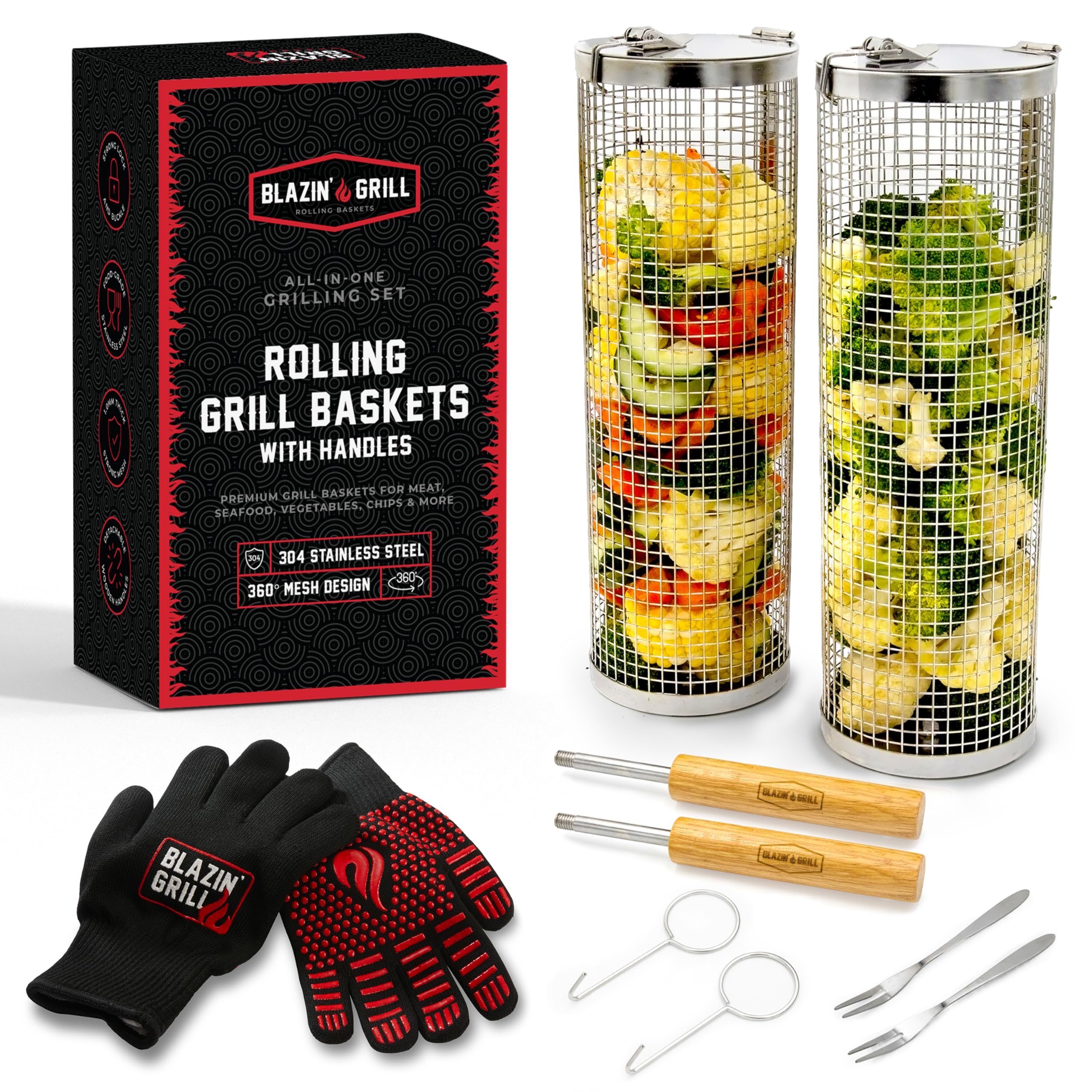 Blazin Grill Rolling Grill Basket set with BBQ gloves