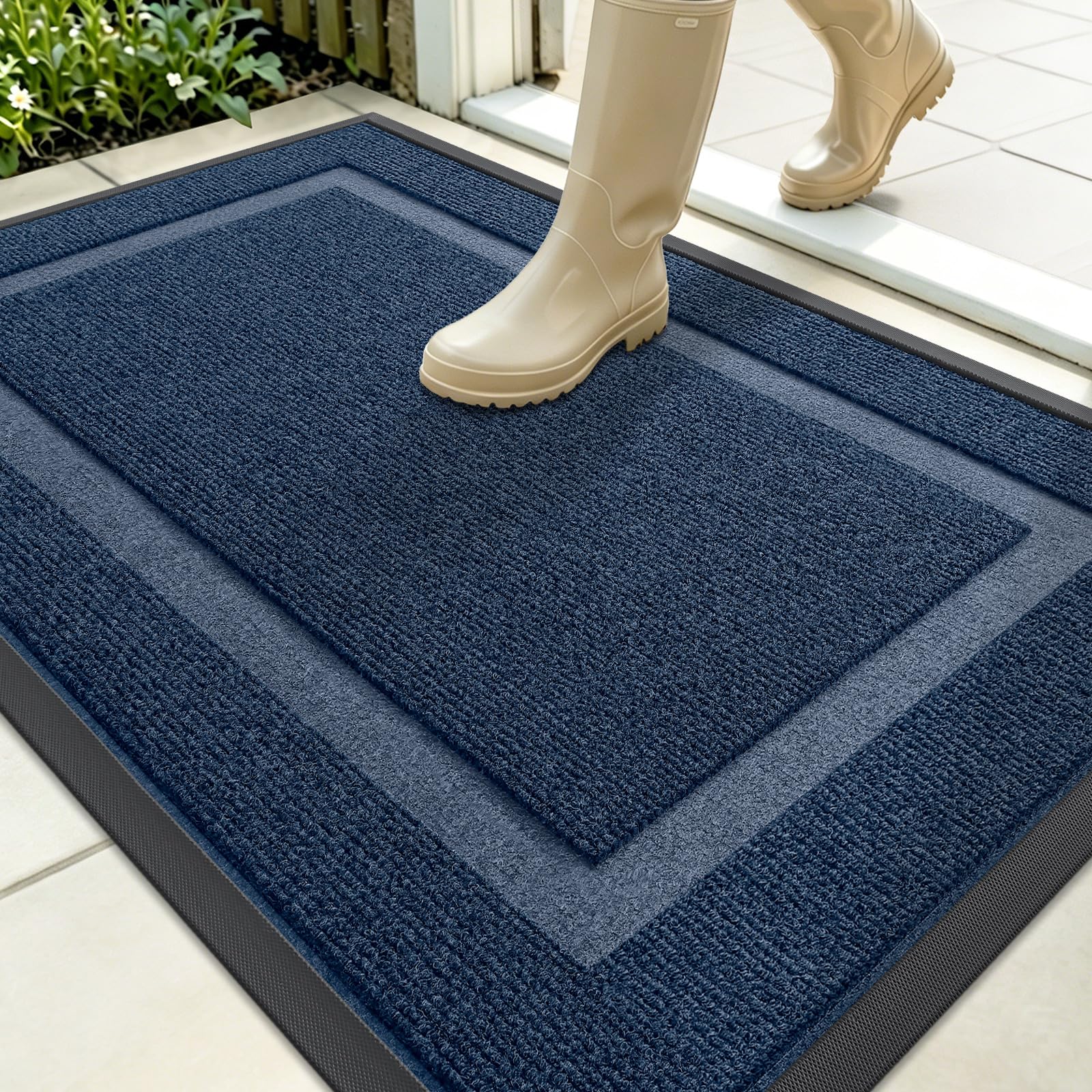 OLANLY Front Door Mat Outside 35x23, All-Season Heavy-Duty Rubber Doormat | Blue, Absorbent, Stain and Fade Resistant, Waterproof Non-Slip Backing, Low-Profile Indoor Outdoor Floor Mat for Entryway