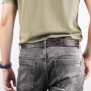 NPET Full Grain Cowhide Leather Western Belt with Engraved Tooling for Men without Buckle
