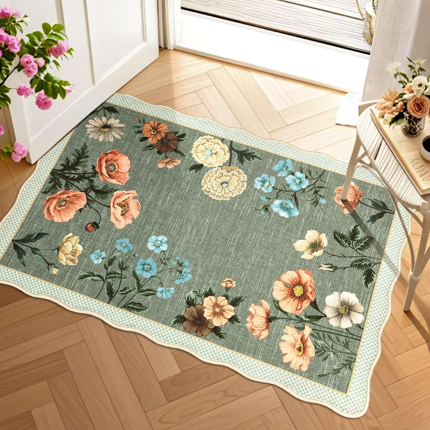 GarveeHome 2x3 Green Floral Scalloped Washable Entryway Rug - Non-Slip Boho Low-Pile Area Rug for Door Mat, Kitchen, Bedroom, Bath