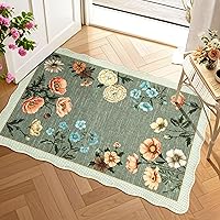 GarveeHome 2x3 Green Floral Scalloped Washable Entryway Rug - Non-Slip Boho Low-Pile Area Rug for Door Mat, Kitchen, Bedroom, Bath